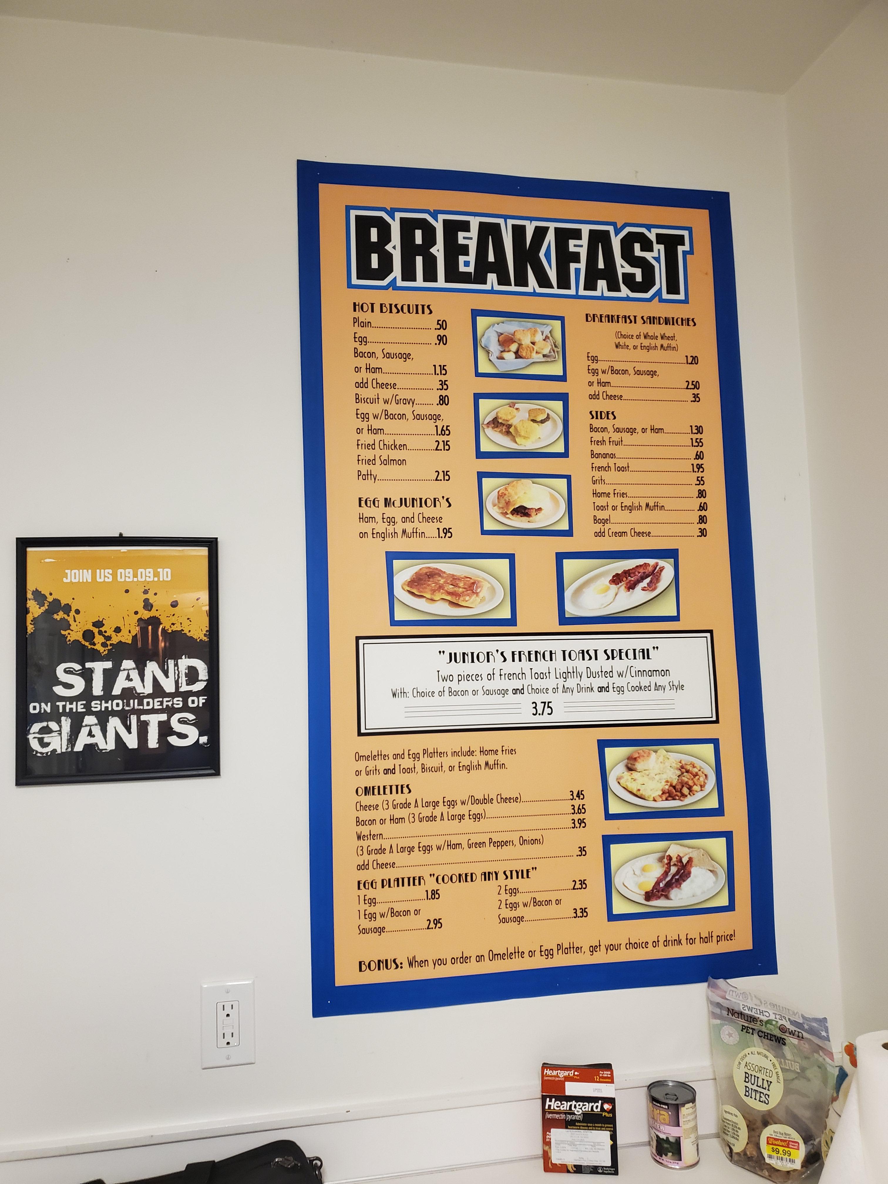 I have the actual old breakfast menu board from Juniors from before