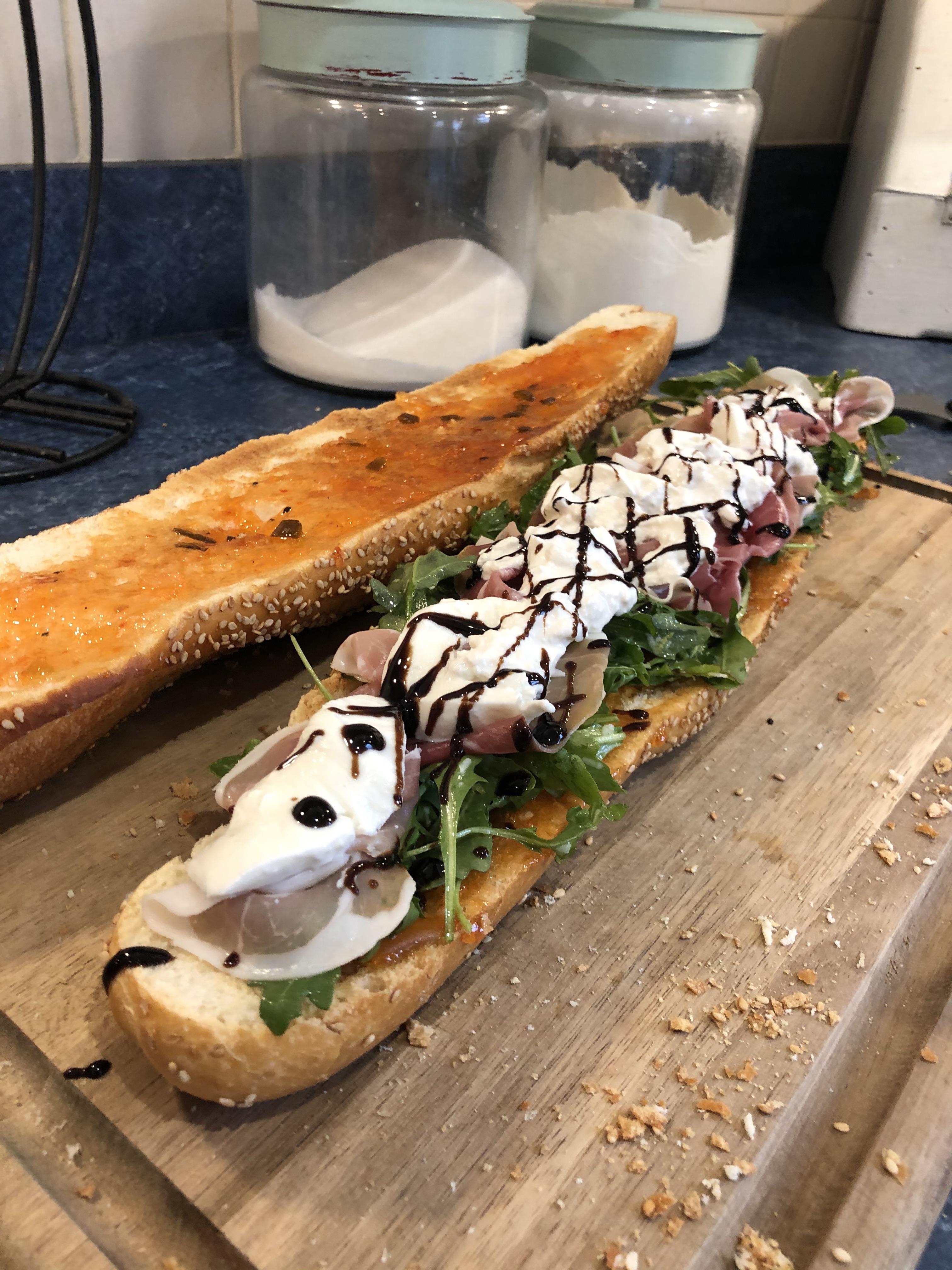 Just made this sandwich with hot pepper jelly, arugula tossed in oil