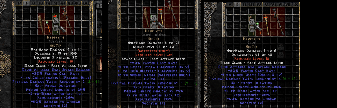 Neophyte Runeword Reveal Scepter, Orb, Staff, Club Runeword with level 13 requirement (Skills