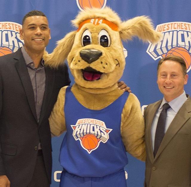 Westchester Knicks new doggie mascot, Hudson. Ft. Allan Houston, GM of