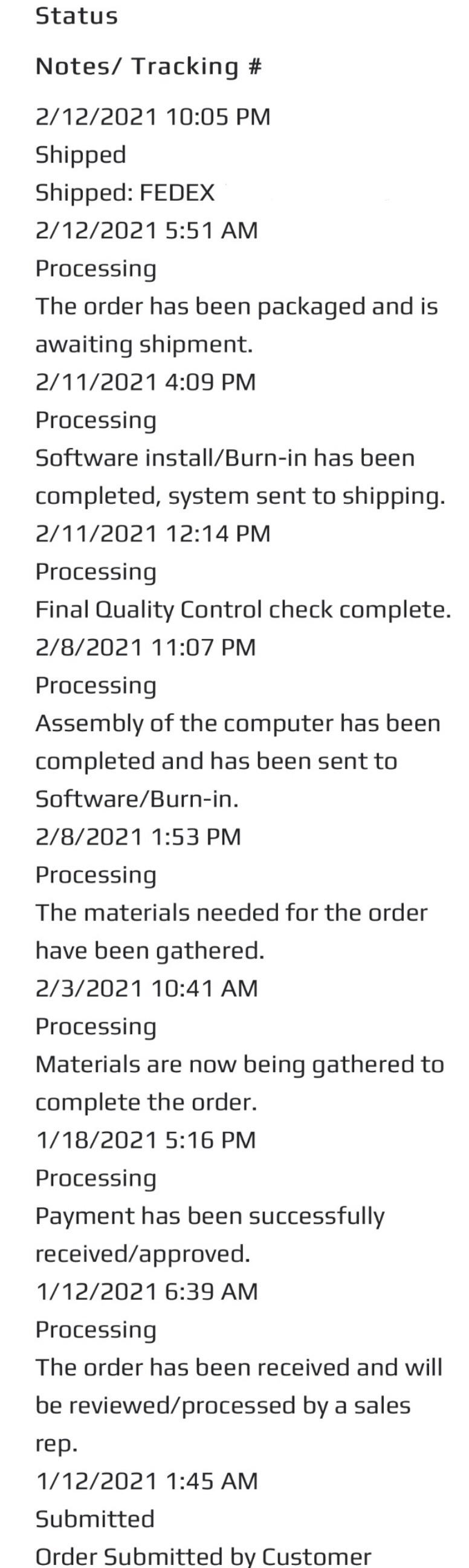 My order status updates for those who are wondering. R7 5800x and 3080