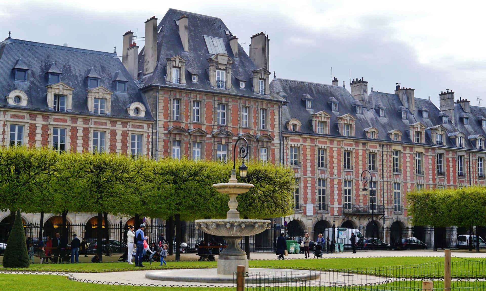 Place Des Vosges, the first planned square in Paris, France. Built in