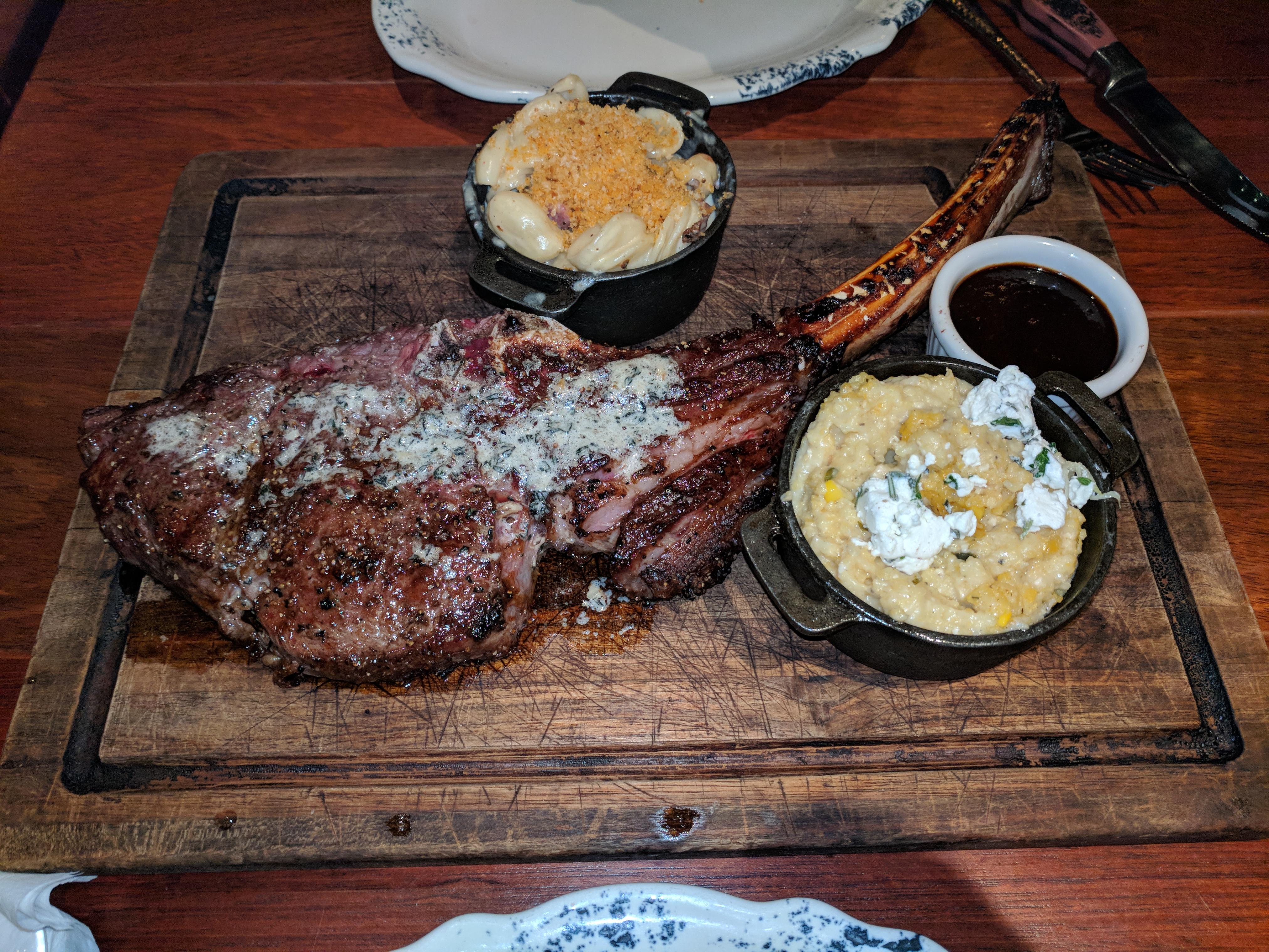 [I ATE] Tomahawk Bonein Ribeye with Mac 'N Cheese and Goat Cheese