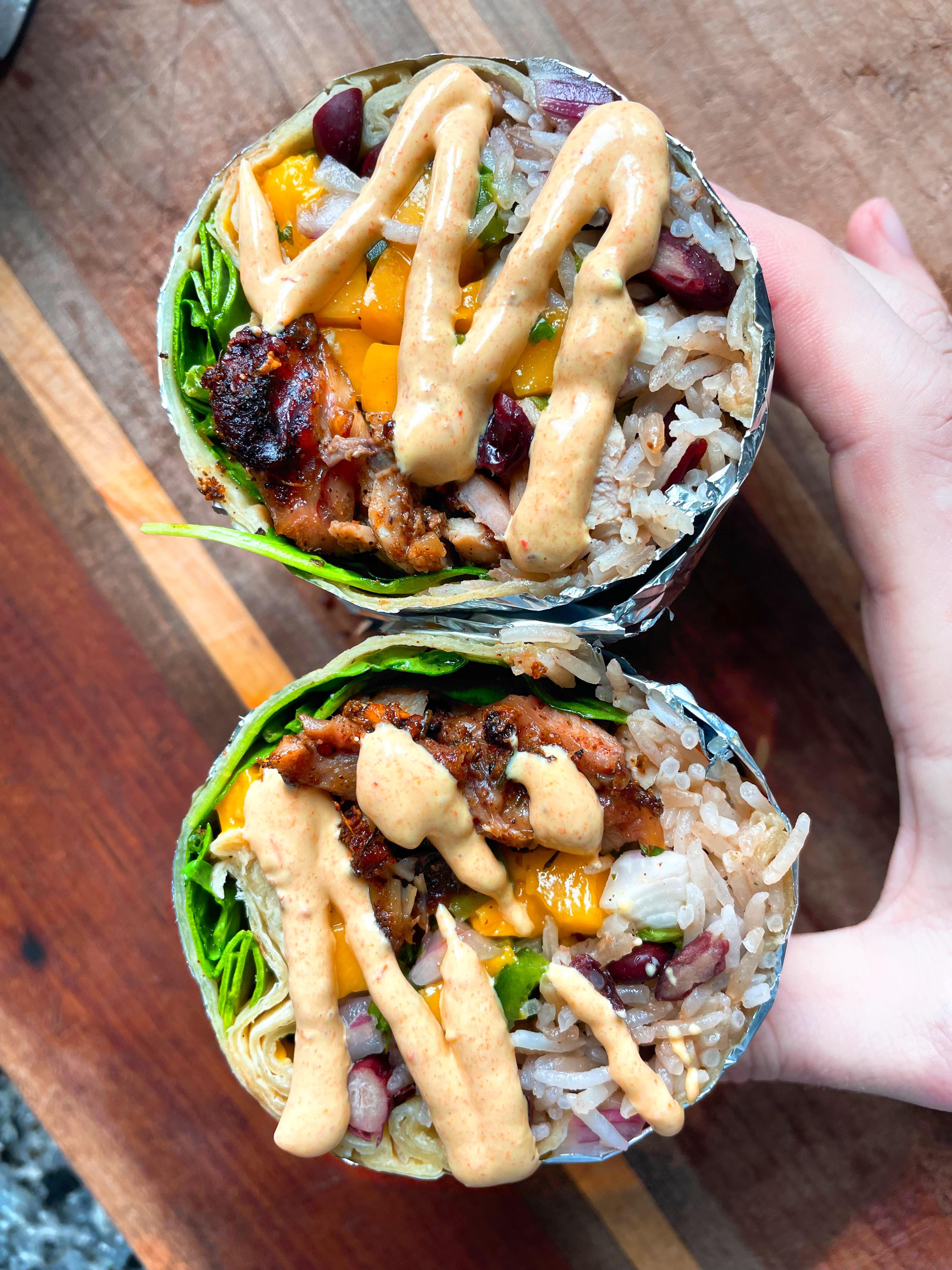 [Homemade] Jerk chicken, mango salsa, coconut rice burrito with a