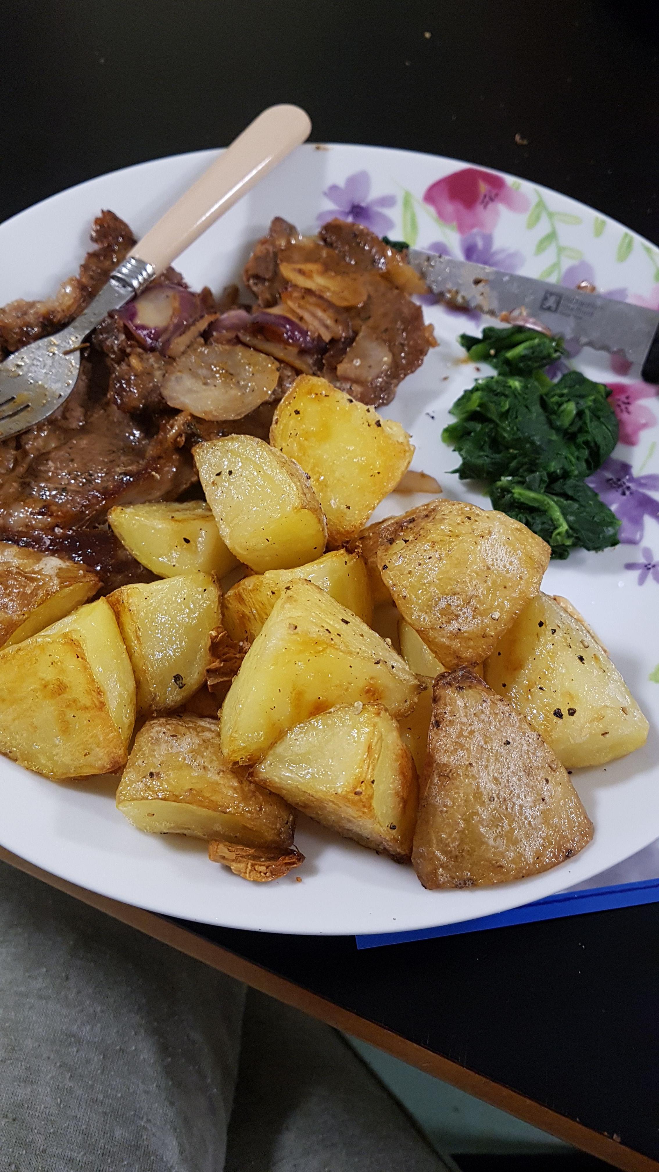First time making homemade roast potatoes with lamb chops, red onions