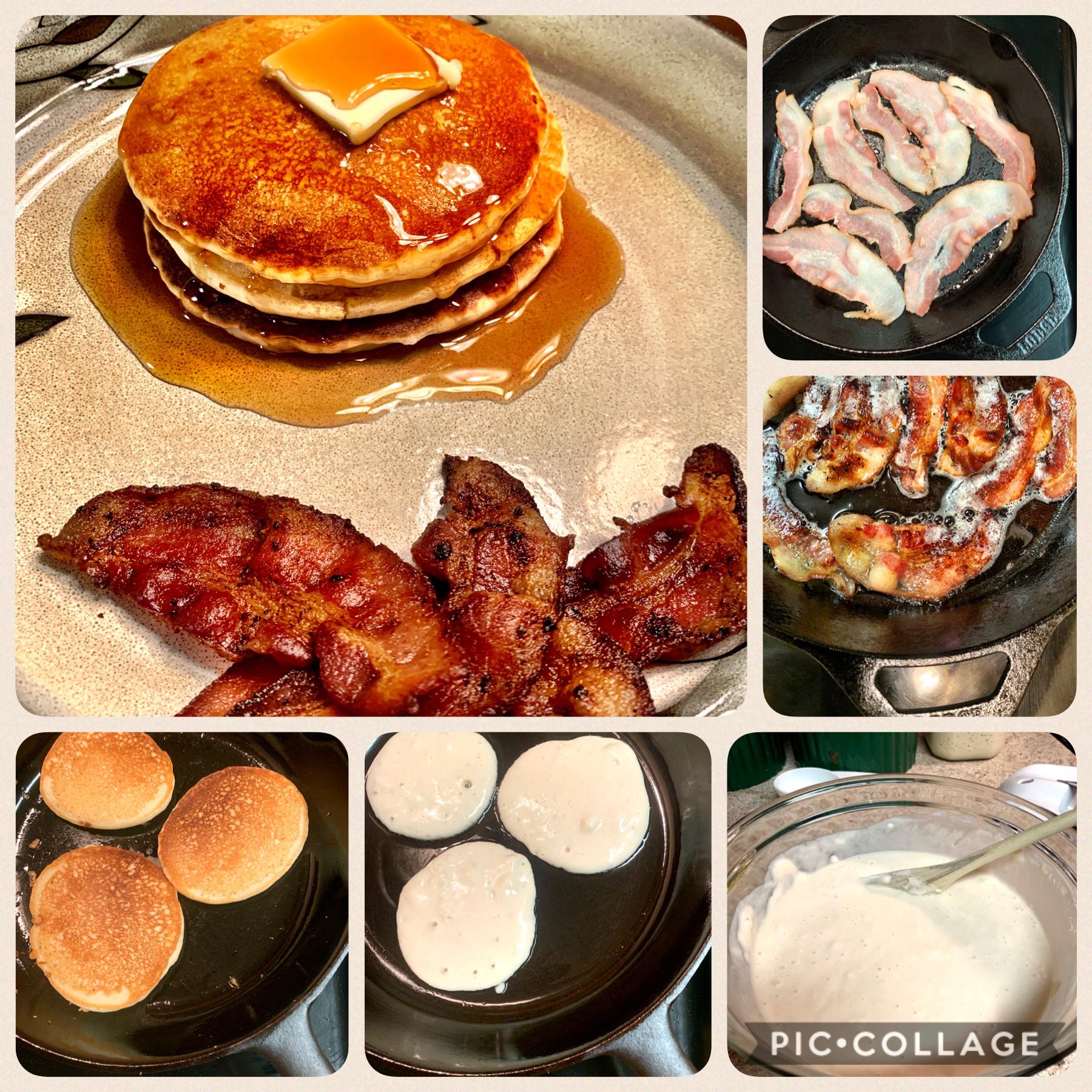 ‪Tonight’s dinner was sourdough pancakes and bacon cooked in modern