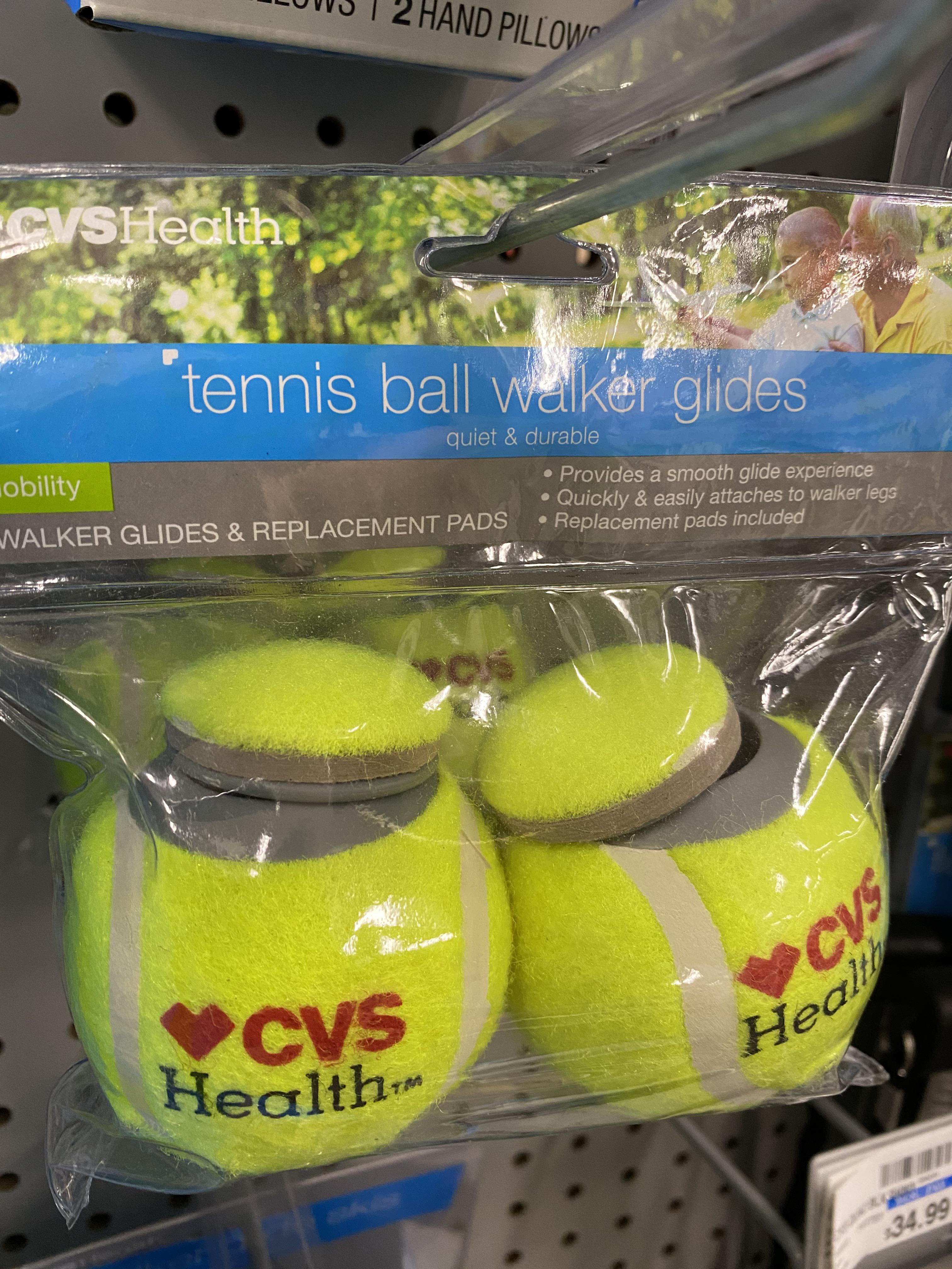 CVS sells their own tennis balls to put on the bottom of your walker