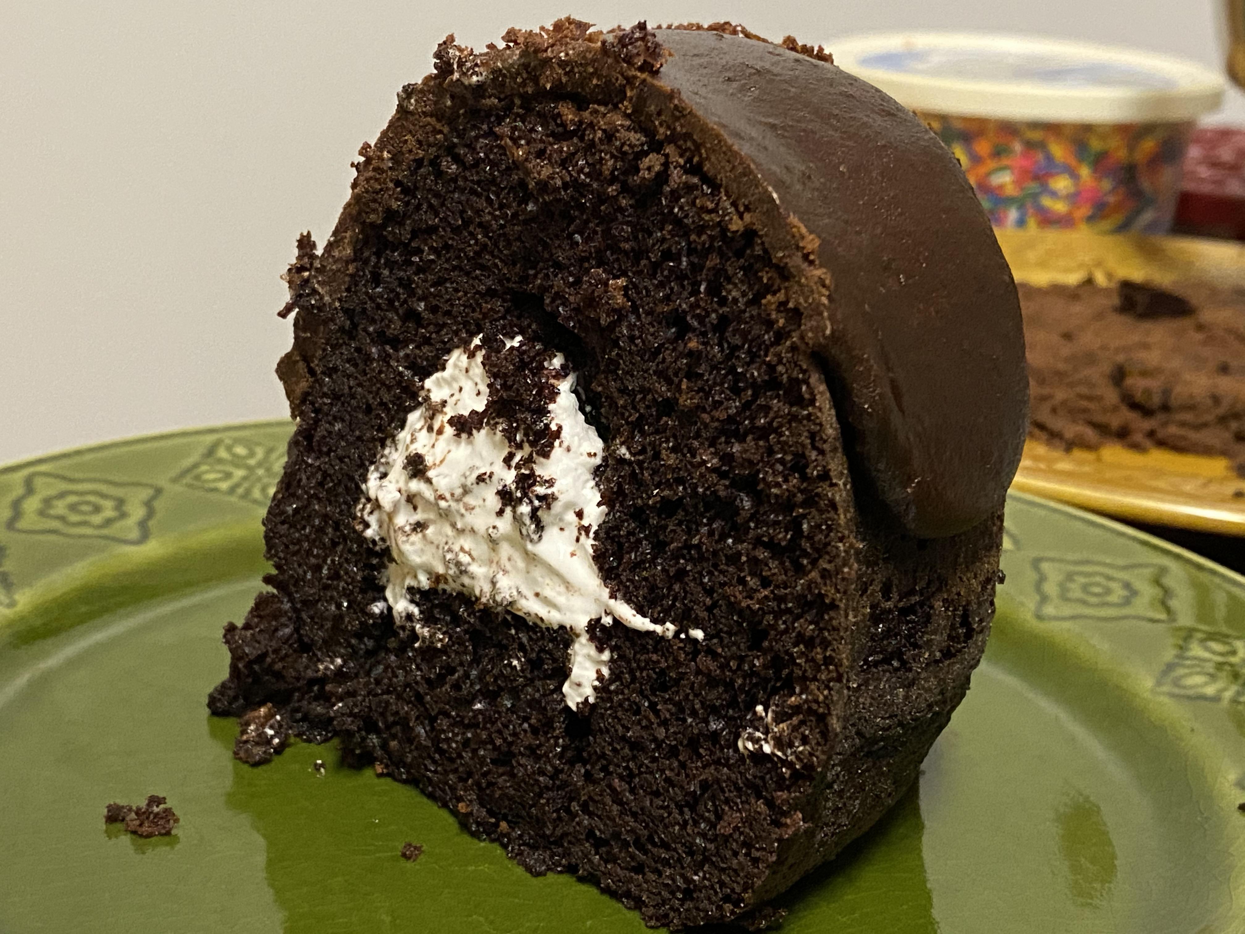 Dark chocolate cake, filled with freshly made vanilla marshmallow creme, and then topped with