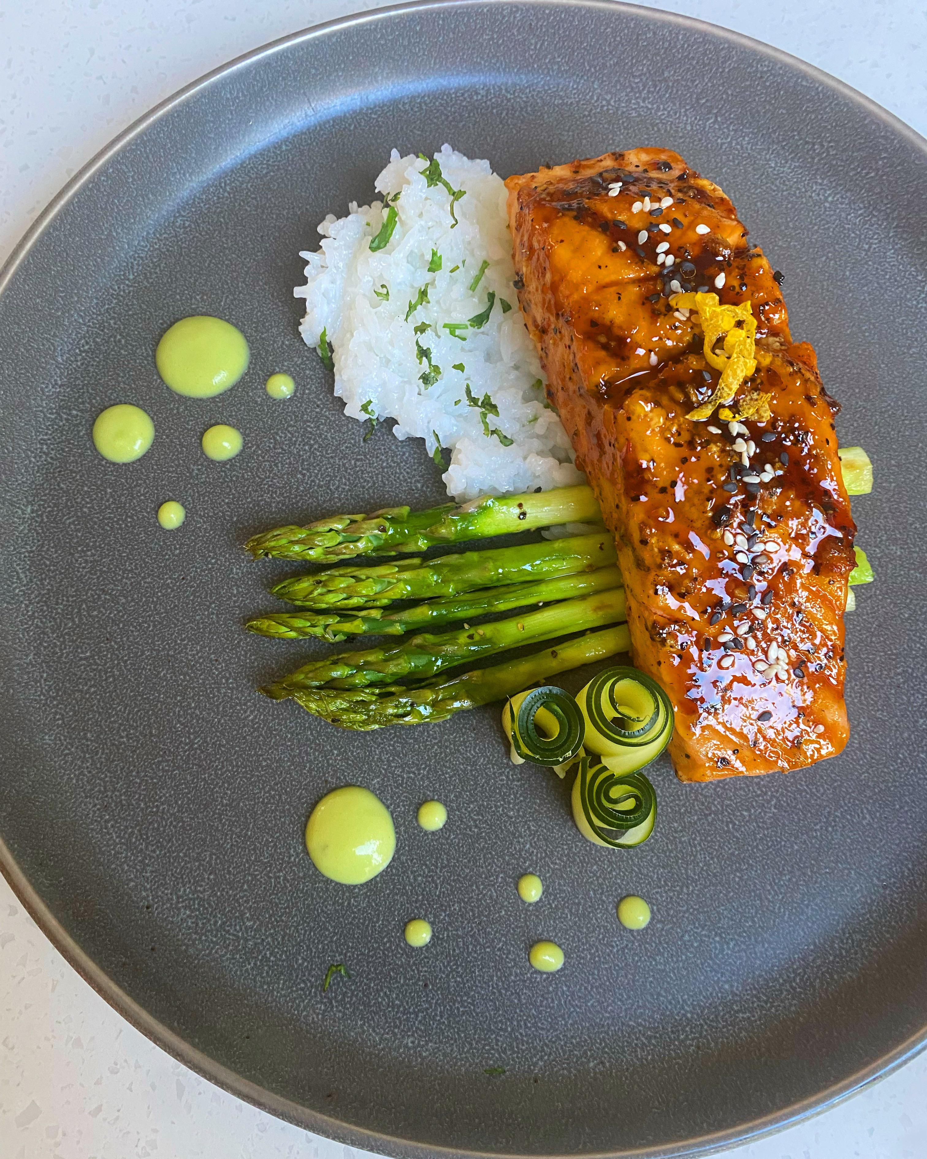 Grilled Teriyaki Salmon , Cilantro Lime Rice, and Asparagus r