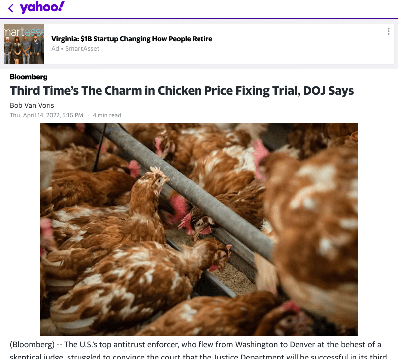 Third Time’s The Charm in Chicken Price Fixing Trial, DOJ Says Yahoo