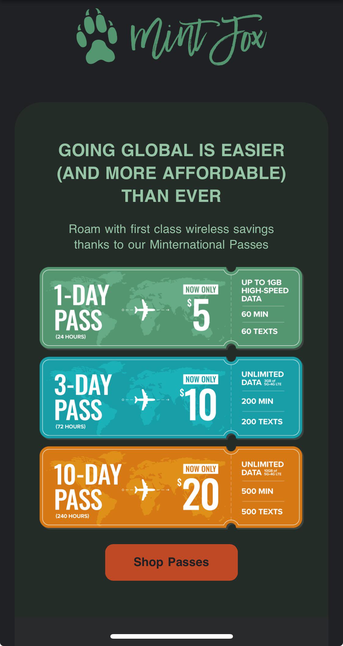 Mint Mobile “Minternational Pass” reduced 1/2 price, 30 day pass coming
