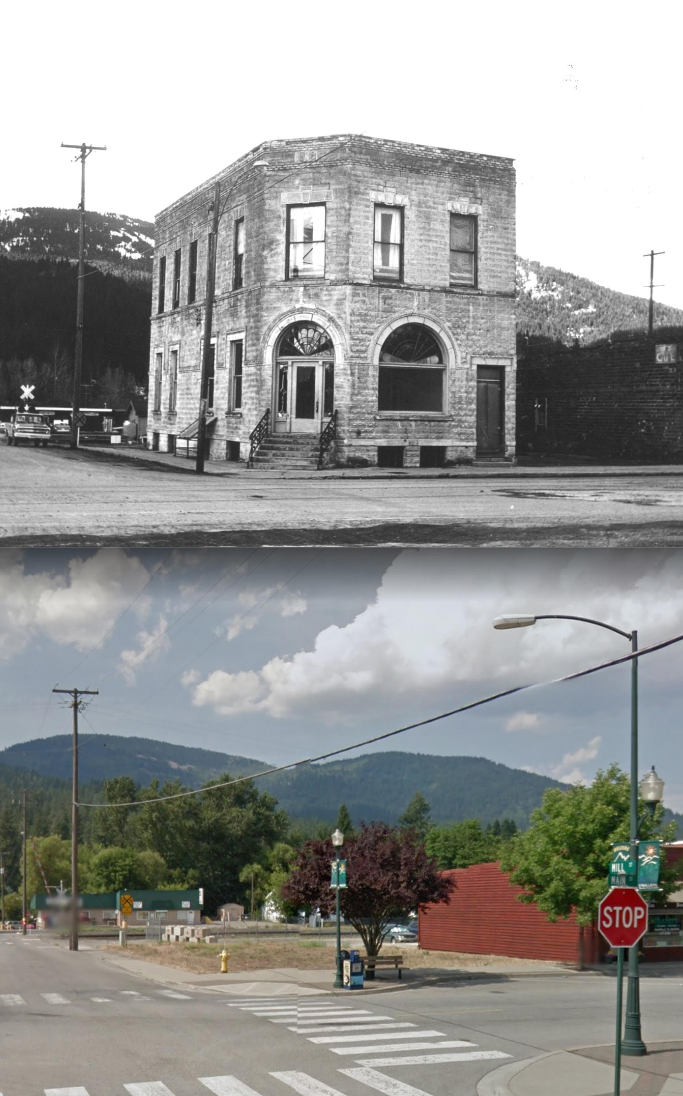 Rathdrum, Idaho. Intersection of Main and Mill Streets (State Bank in