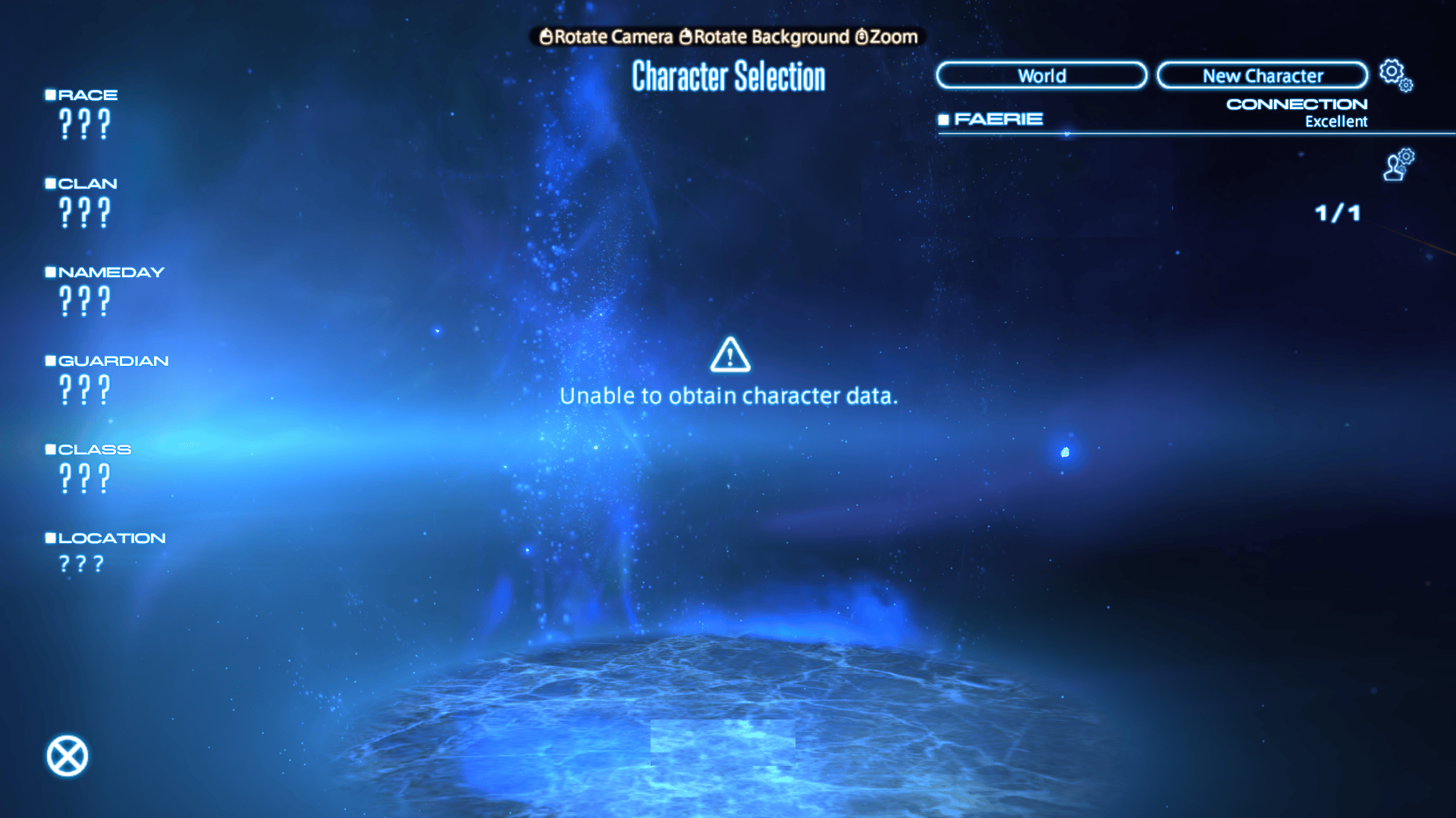 Unable to obtain character data. Thought this was a mistake but has persisted for an hour