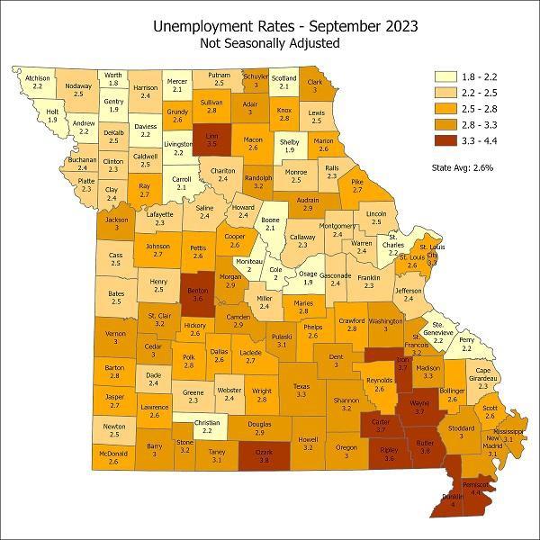 Missouri Unemployment Rate by county (Sep 2023) r/missouri