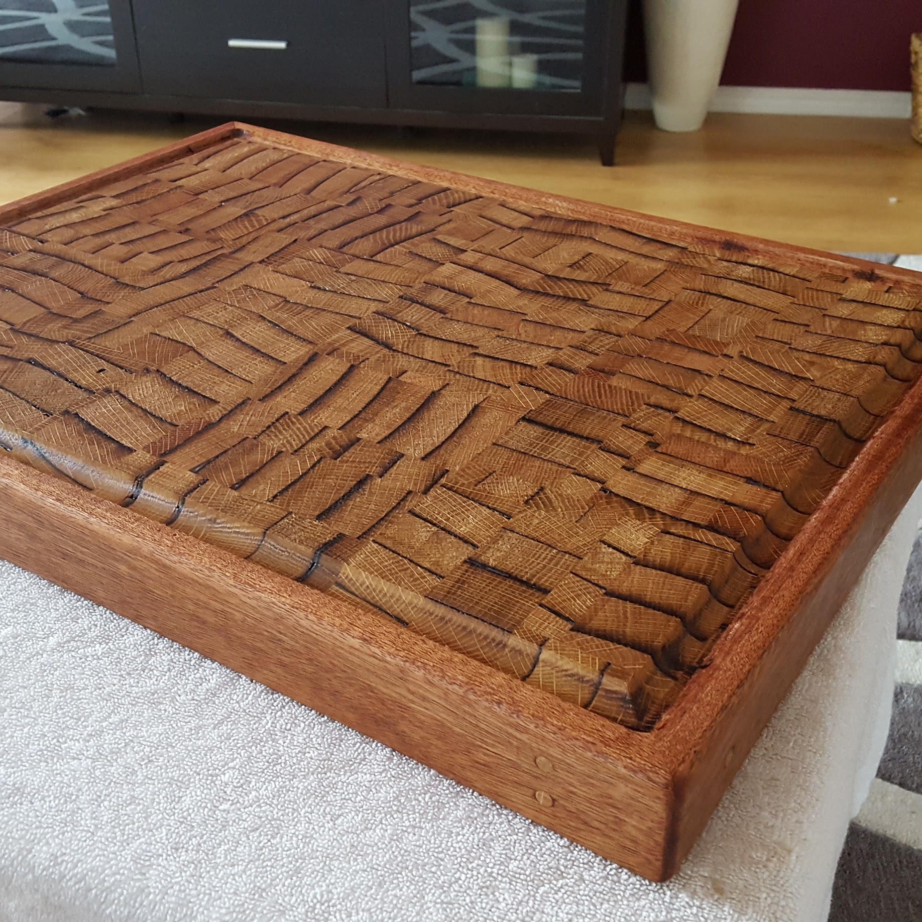 Made a cutting board that smells like whiskey when wet. Its a chop and
