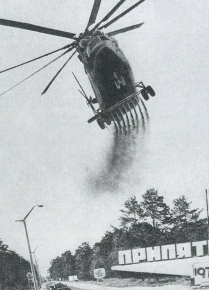 A Soviet helicopter works to decontaminate Chernobyl. It's a Mi26