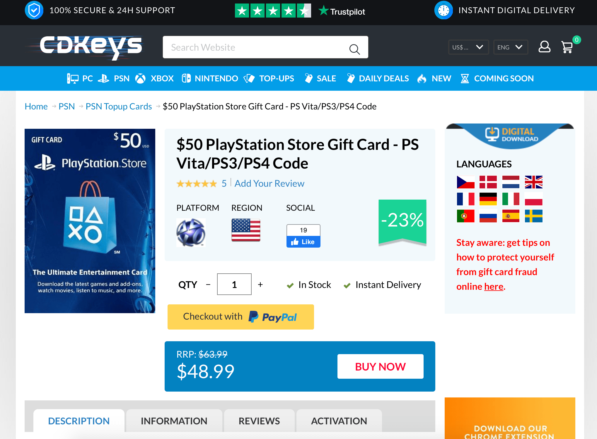 50 gift card PSN sold at 23 discount costing 48.99 because the