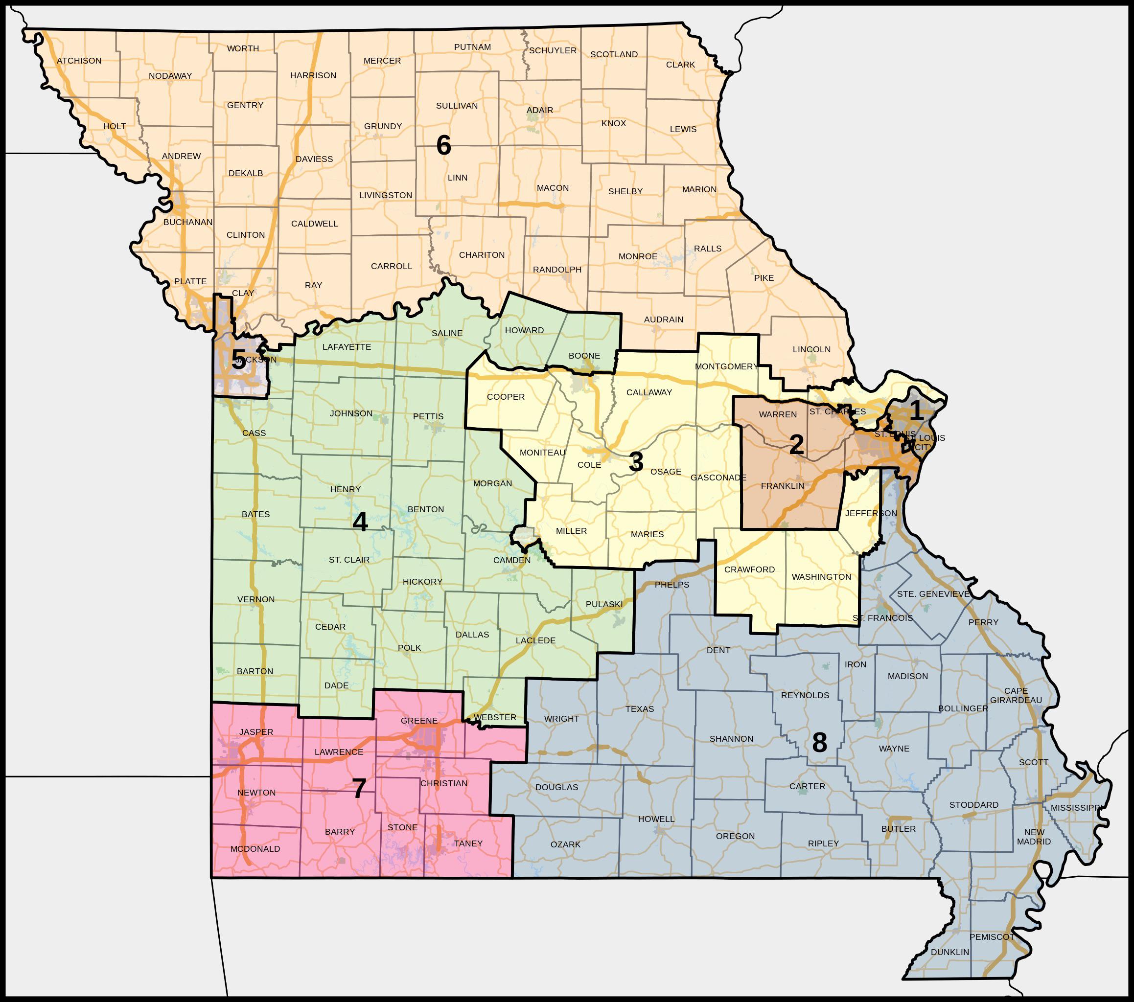 Map of the U.S. congressional districts of Missouri, 20233033