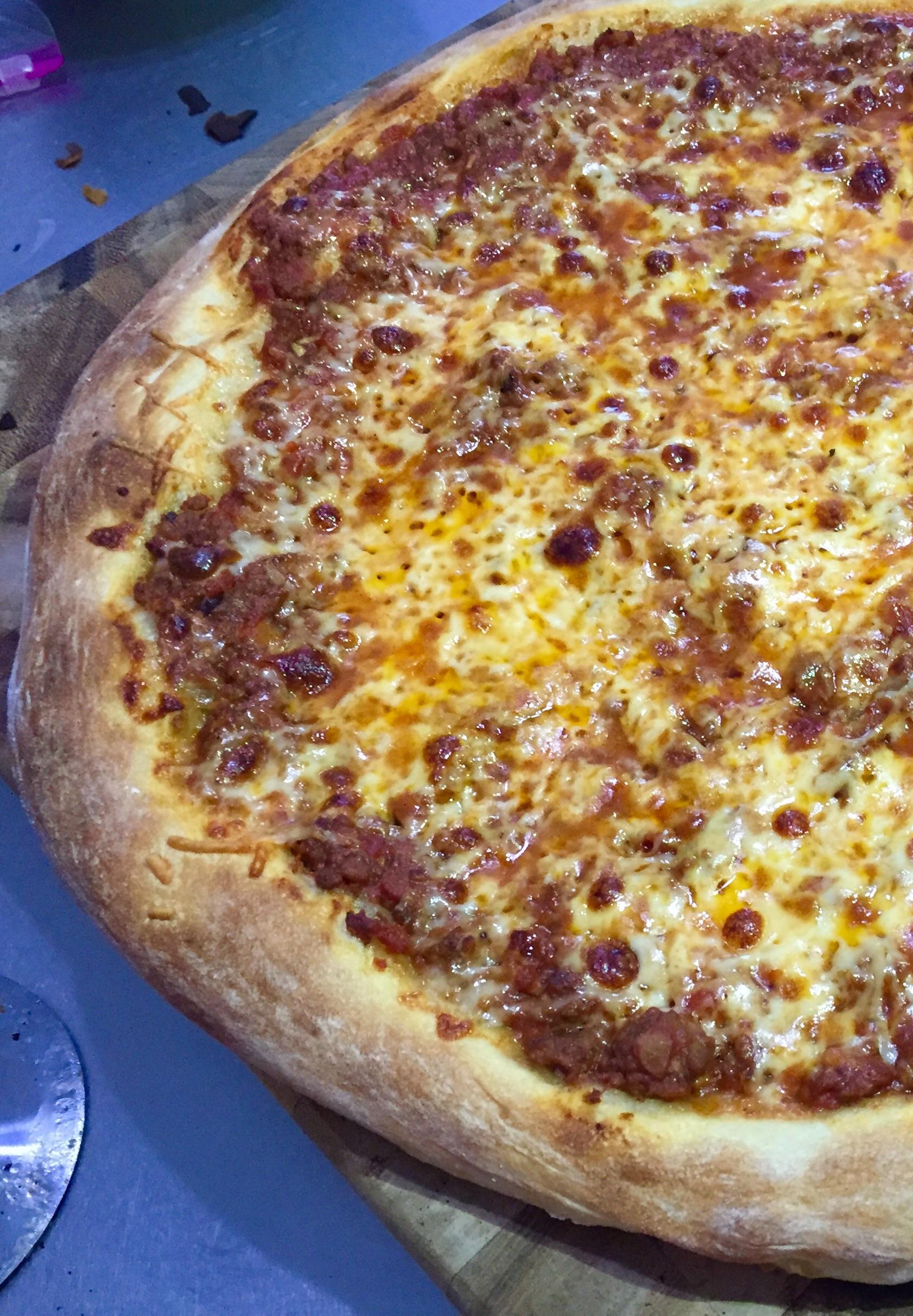 [Homemade] Pizza with bolognese sauce, parmesan, and mozzarella cheese