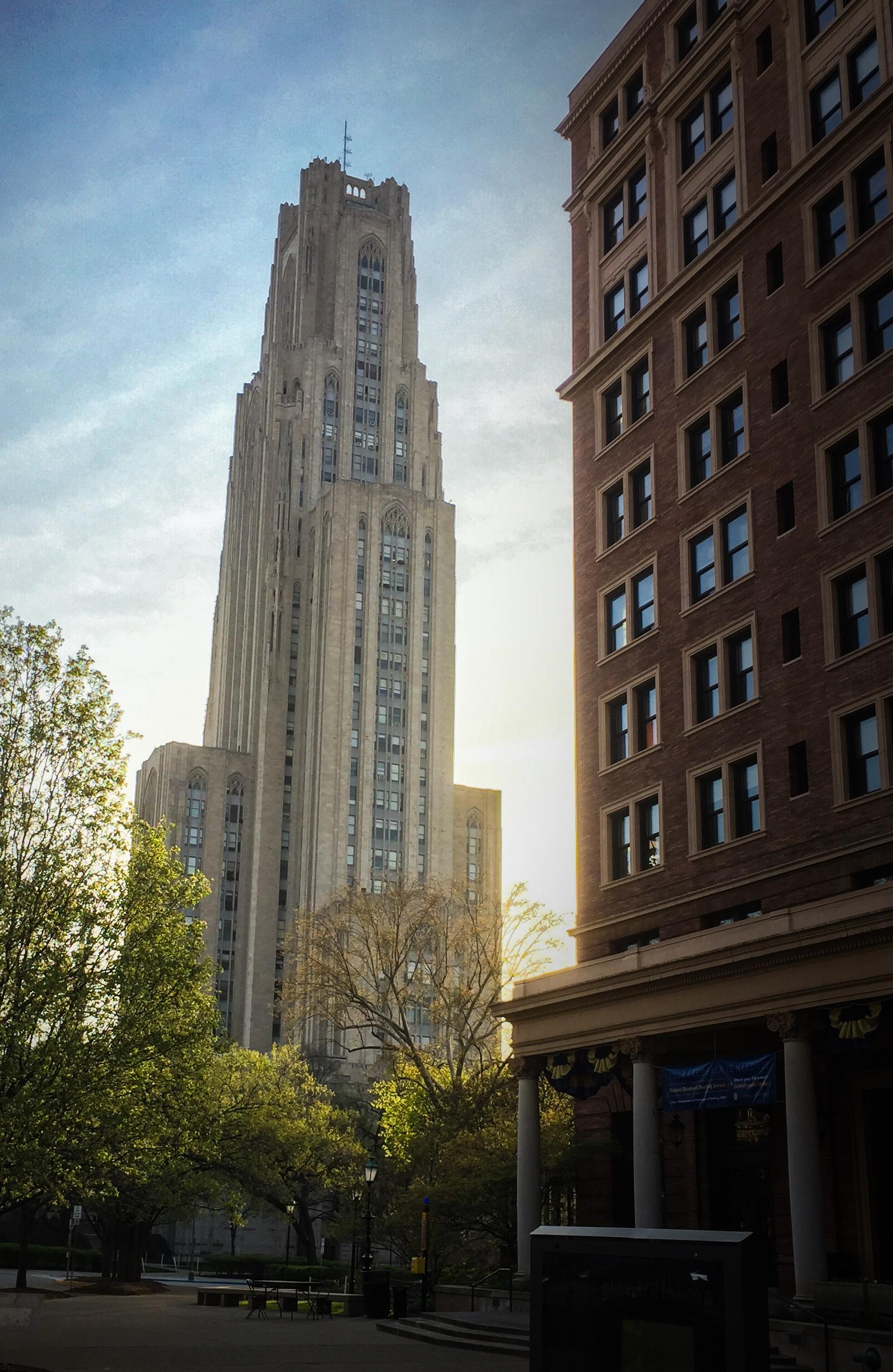 The Cathedral of Learning and William Pitt Union in April [OC] r