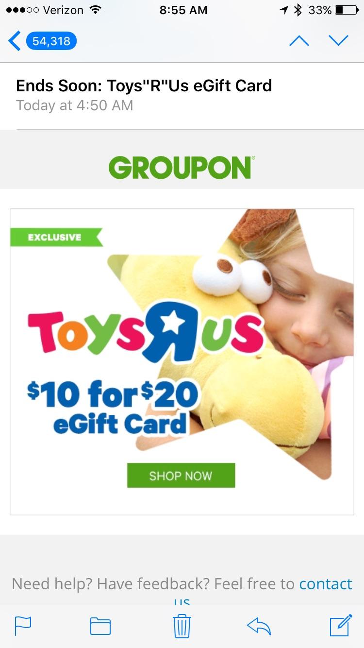 Pay 10, get 20 gift card at TRU (Groupon exclusive) r/amiibo