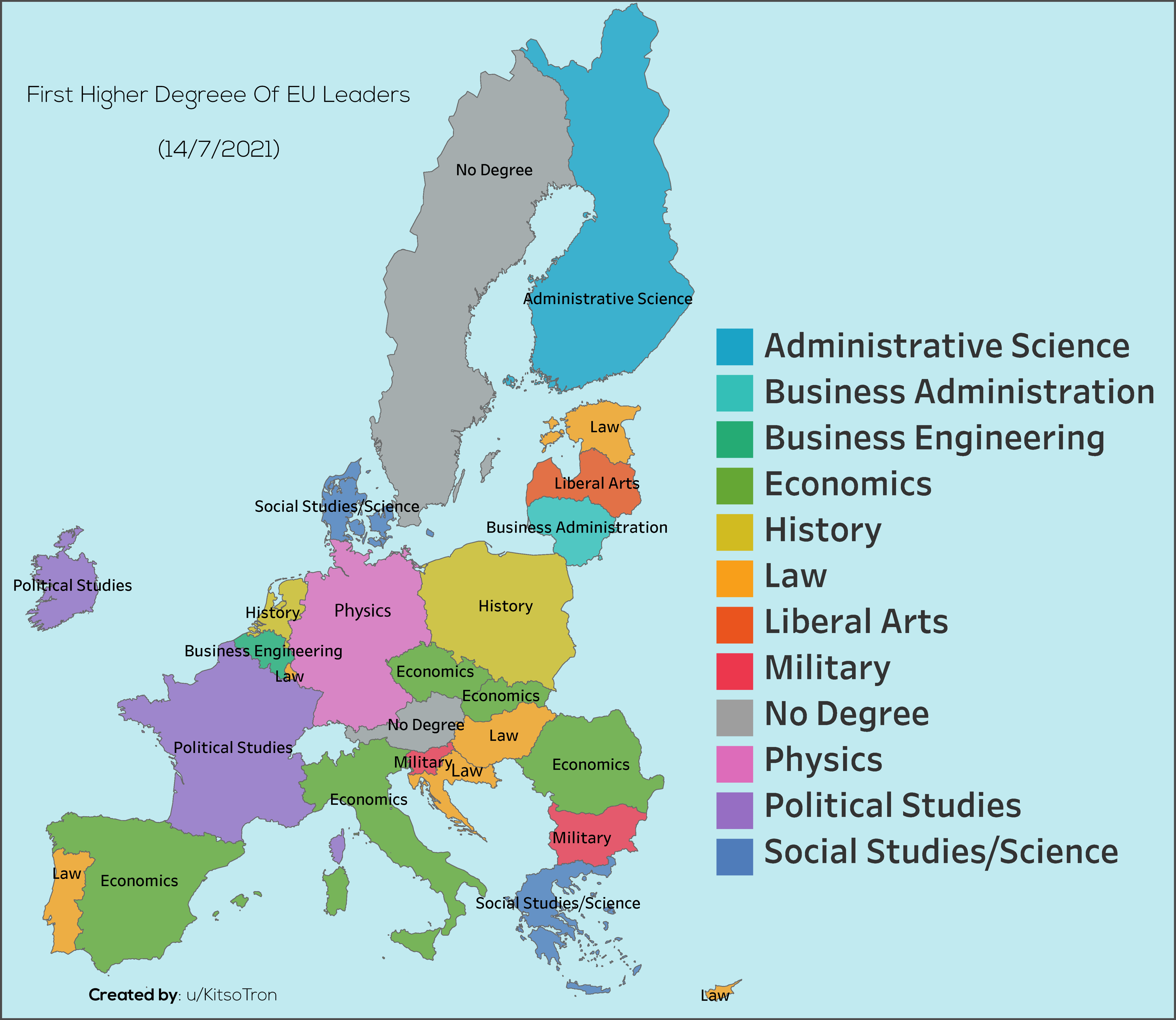 Map of First Higher Education Degrees by EU Leaders in 2021 r/MapPorn