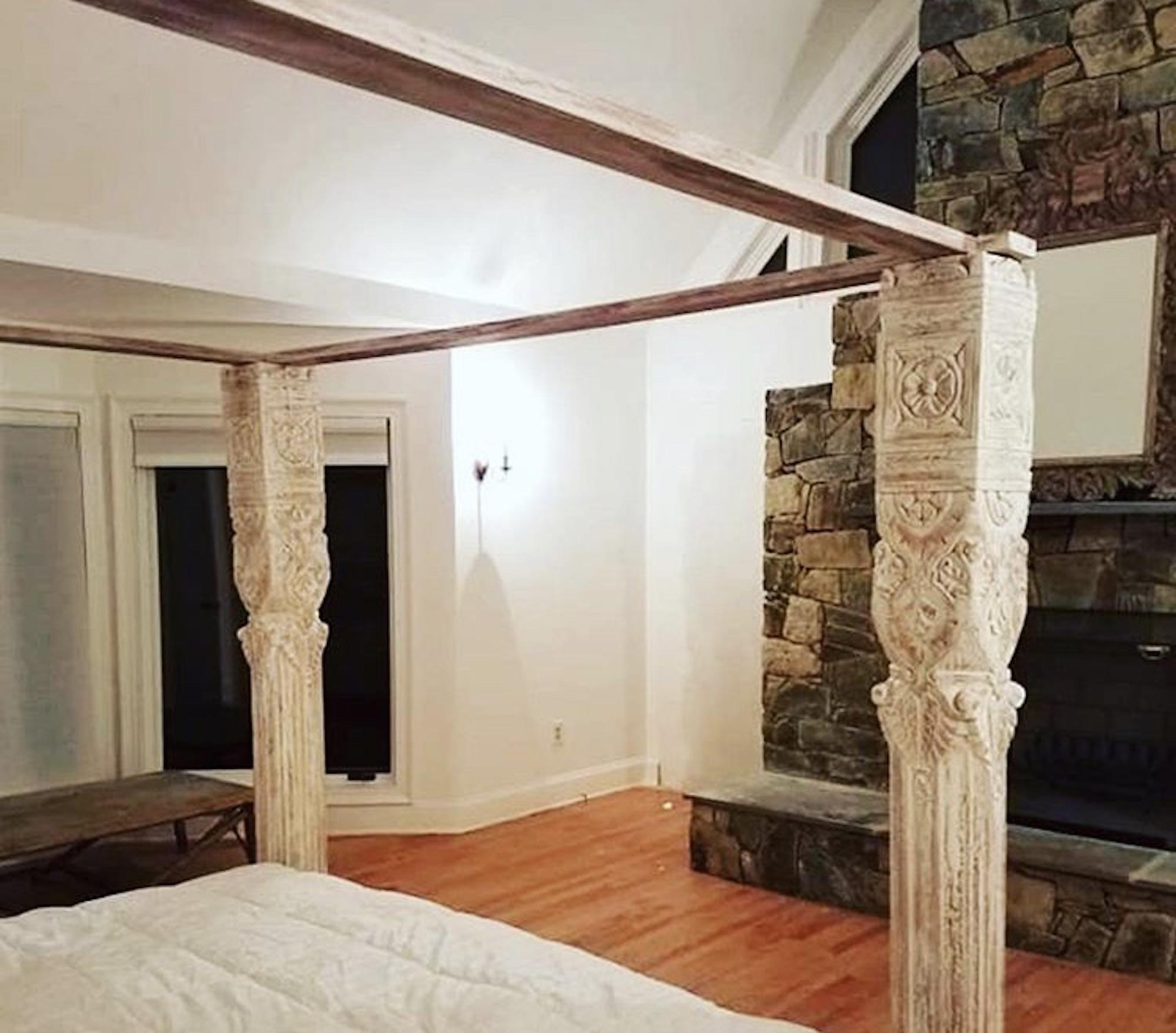 Cream finish jhula canopy bed with thick hand carved pillars. r