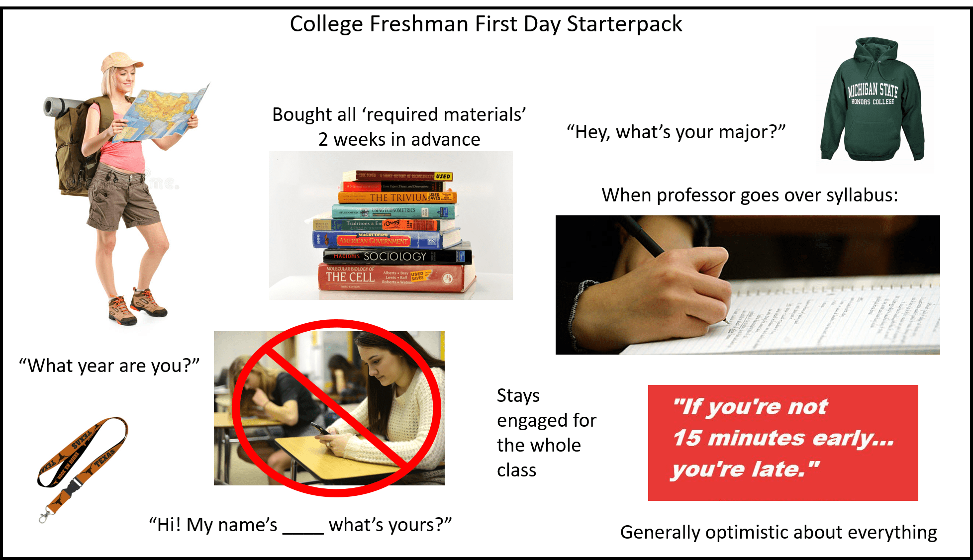 College Freshman First Day Starterpack r/starterpacks