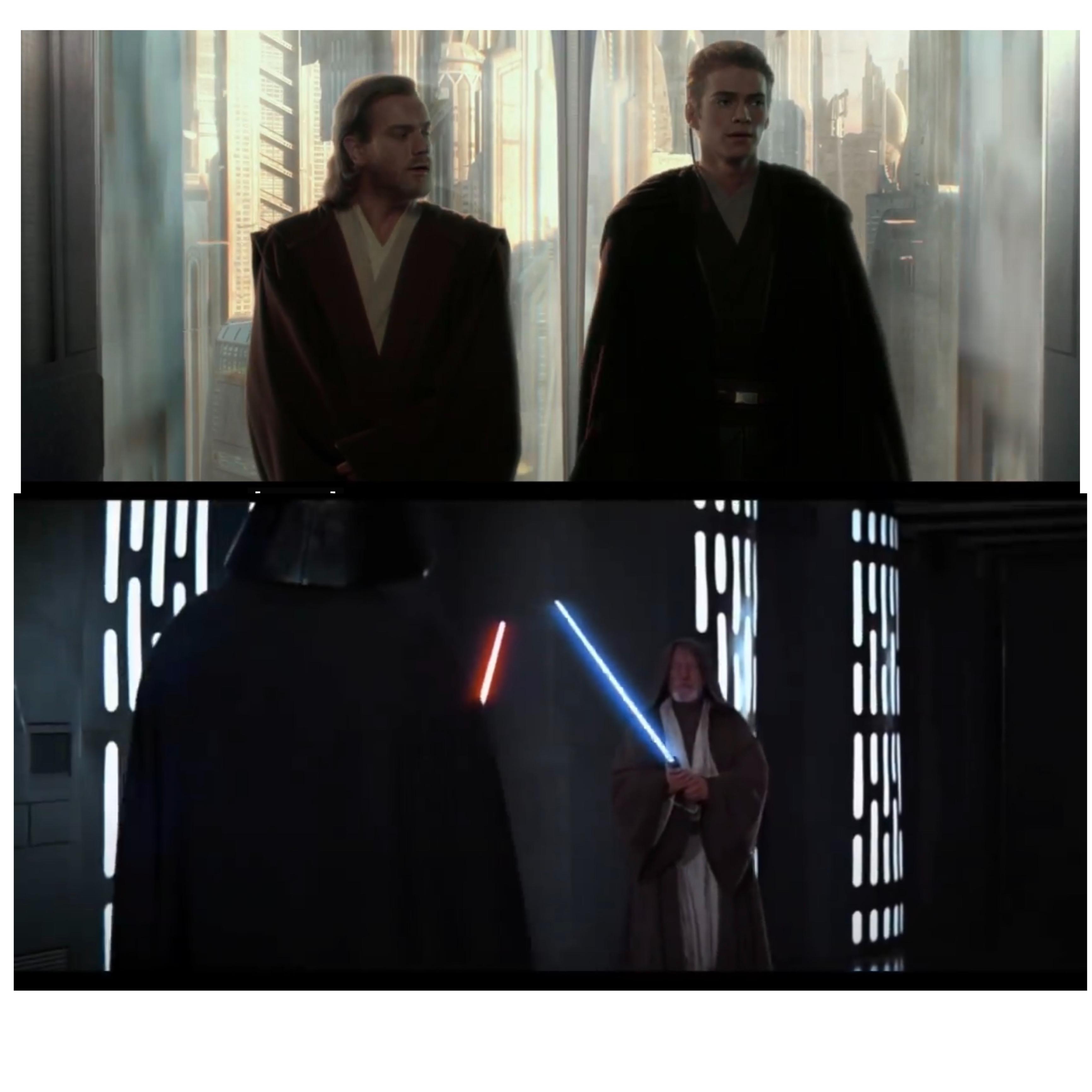 In Attack of the Clones, Anakin is on the right and Obi Wan is on the