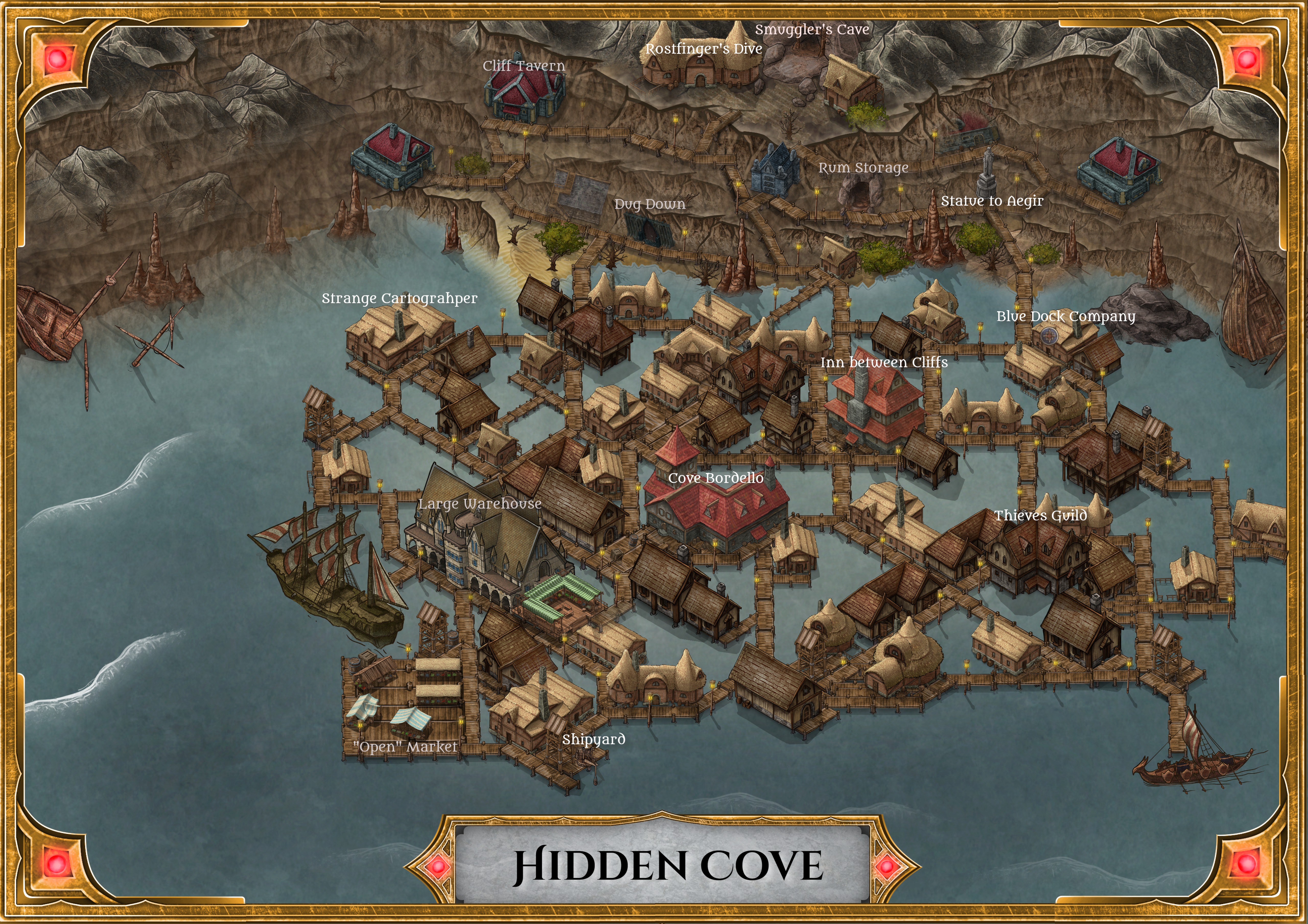 I created a small Pirate Town in a cove r/dndmaps