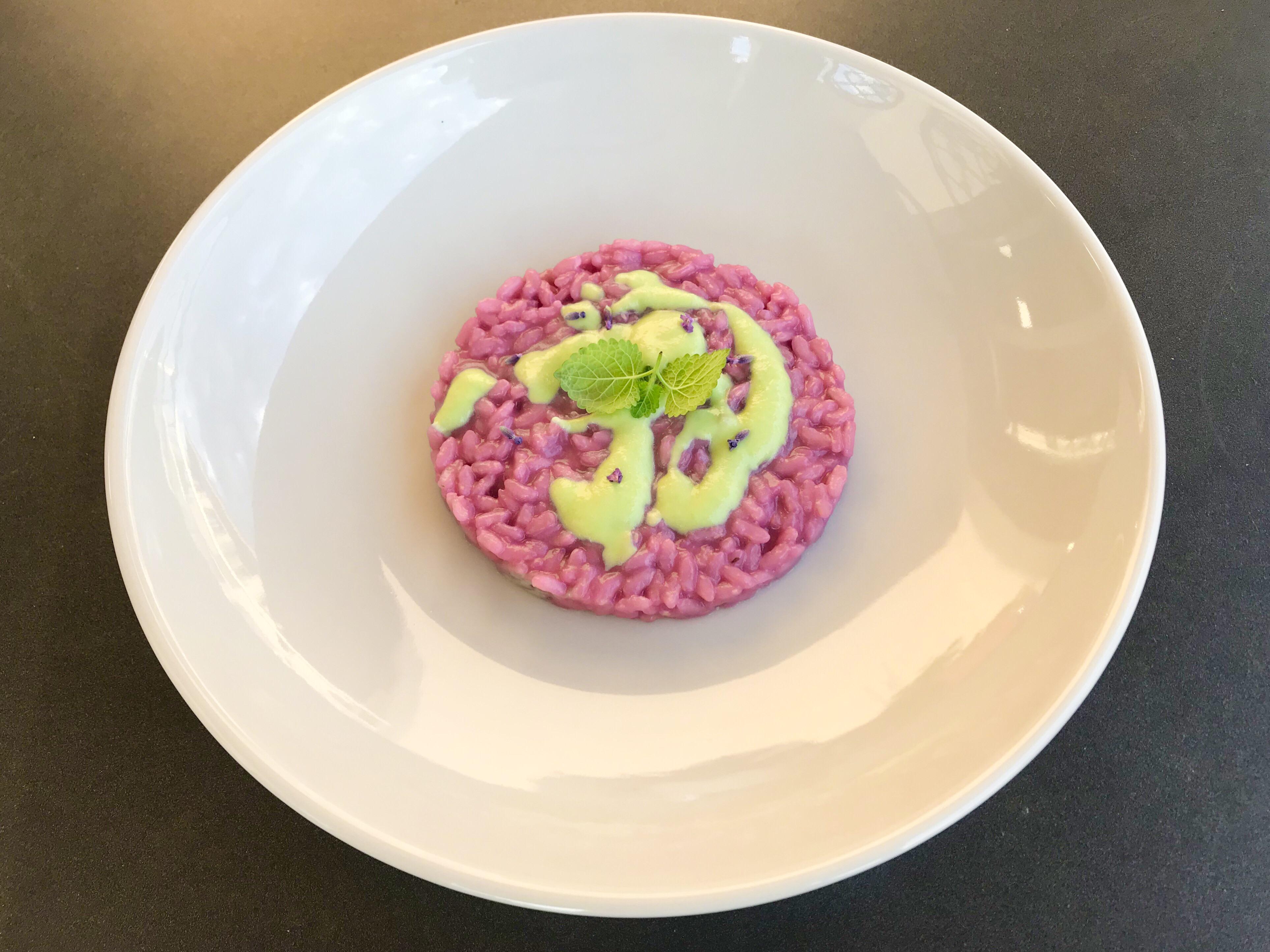 Red Cale Risotto made with Kombu dashi, edamame cream, lemon balm