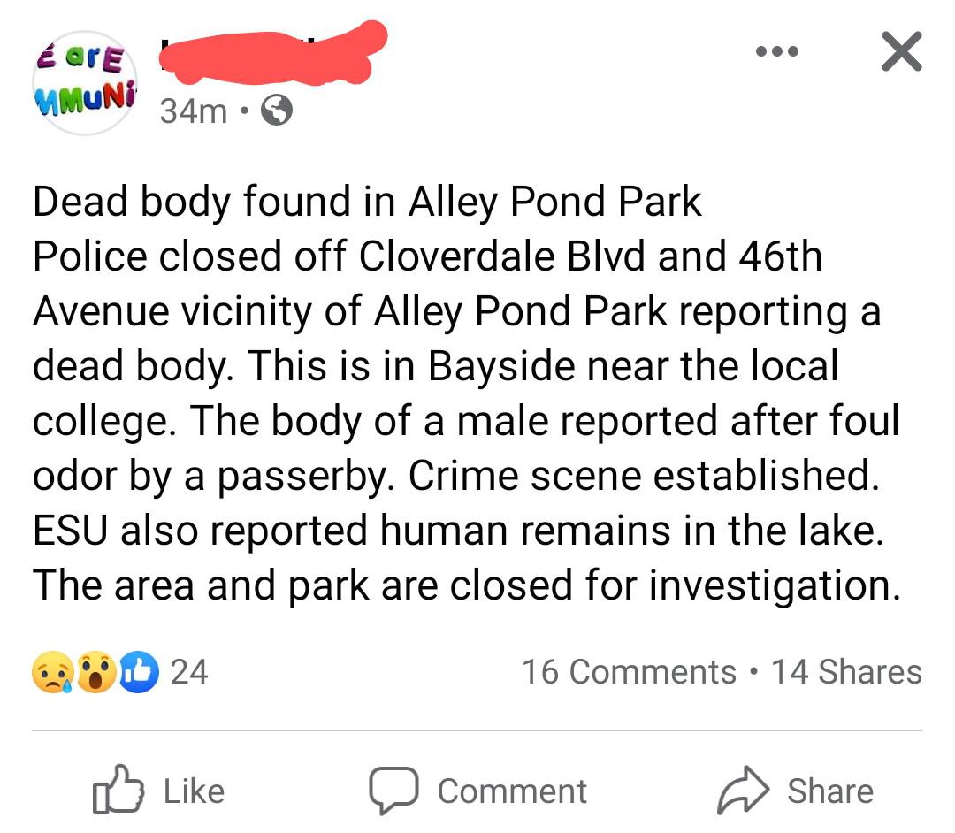 Dead body found Alley Pond Park. r/Queens