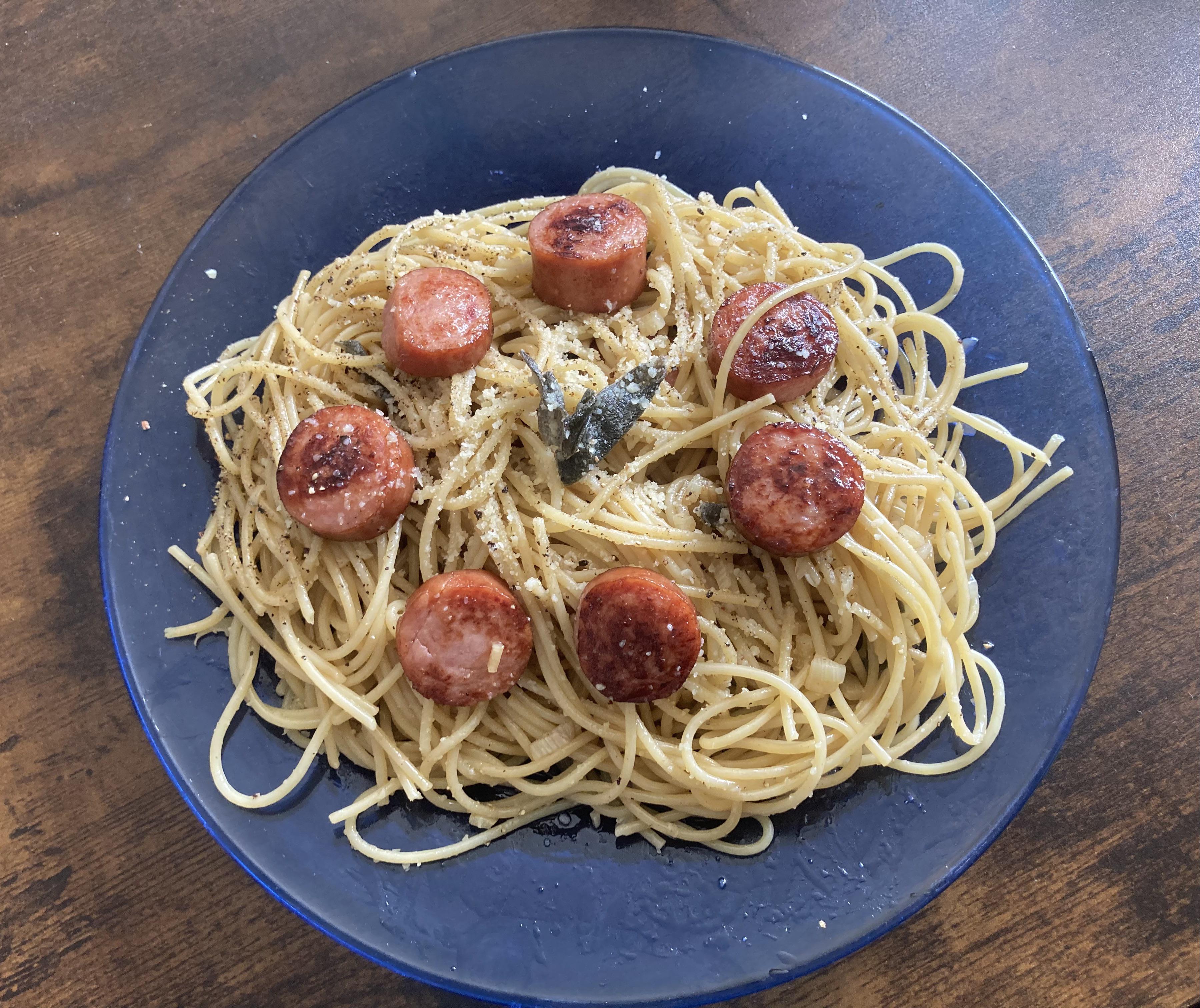 Some quick butter, garlic, sage, and sausage pasta. pasta