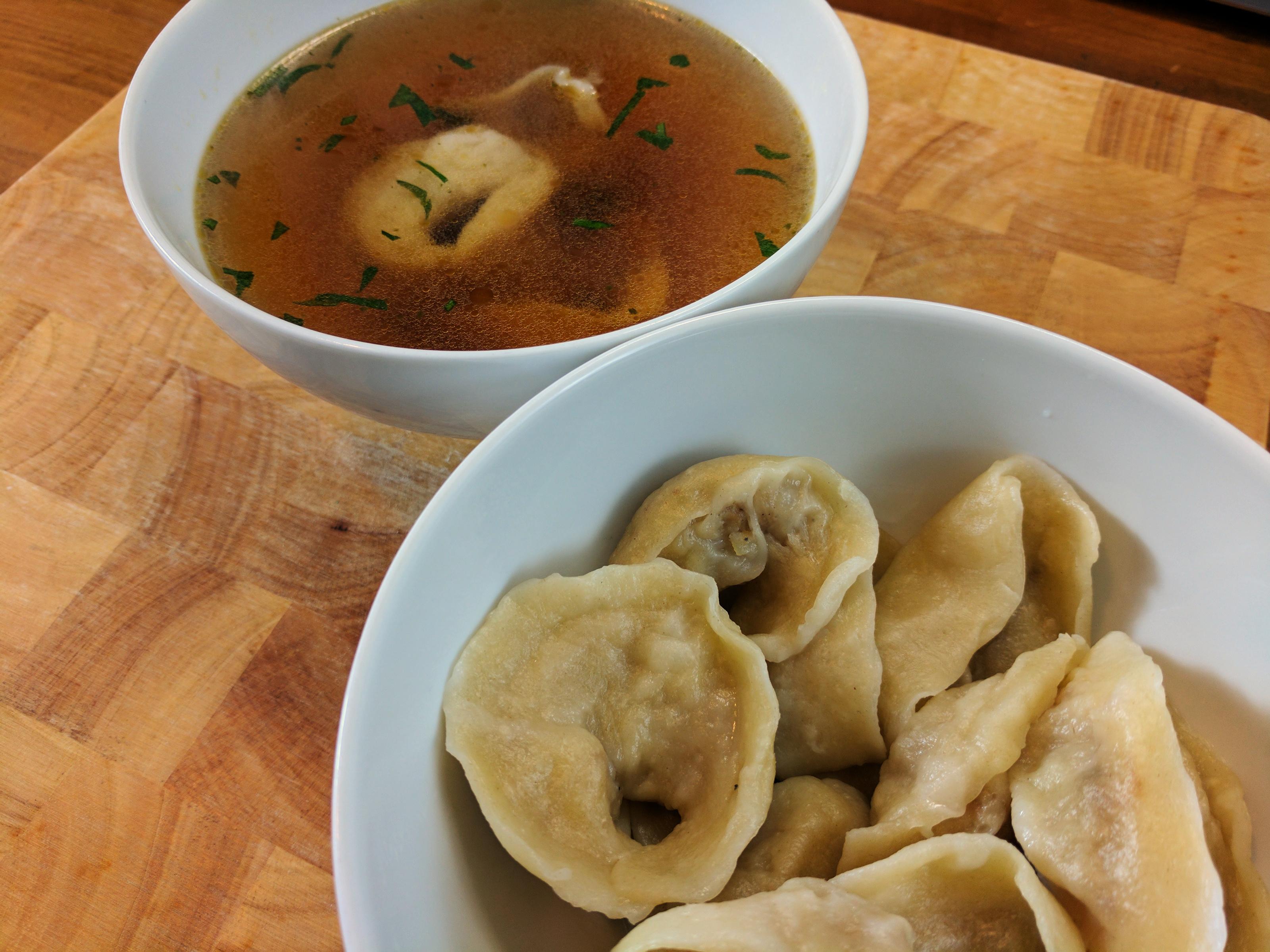 Kreplach (traditional Jewish dumplings) filled with roasted onion and