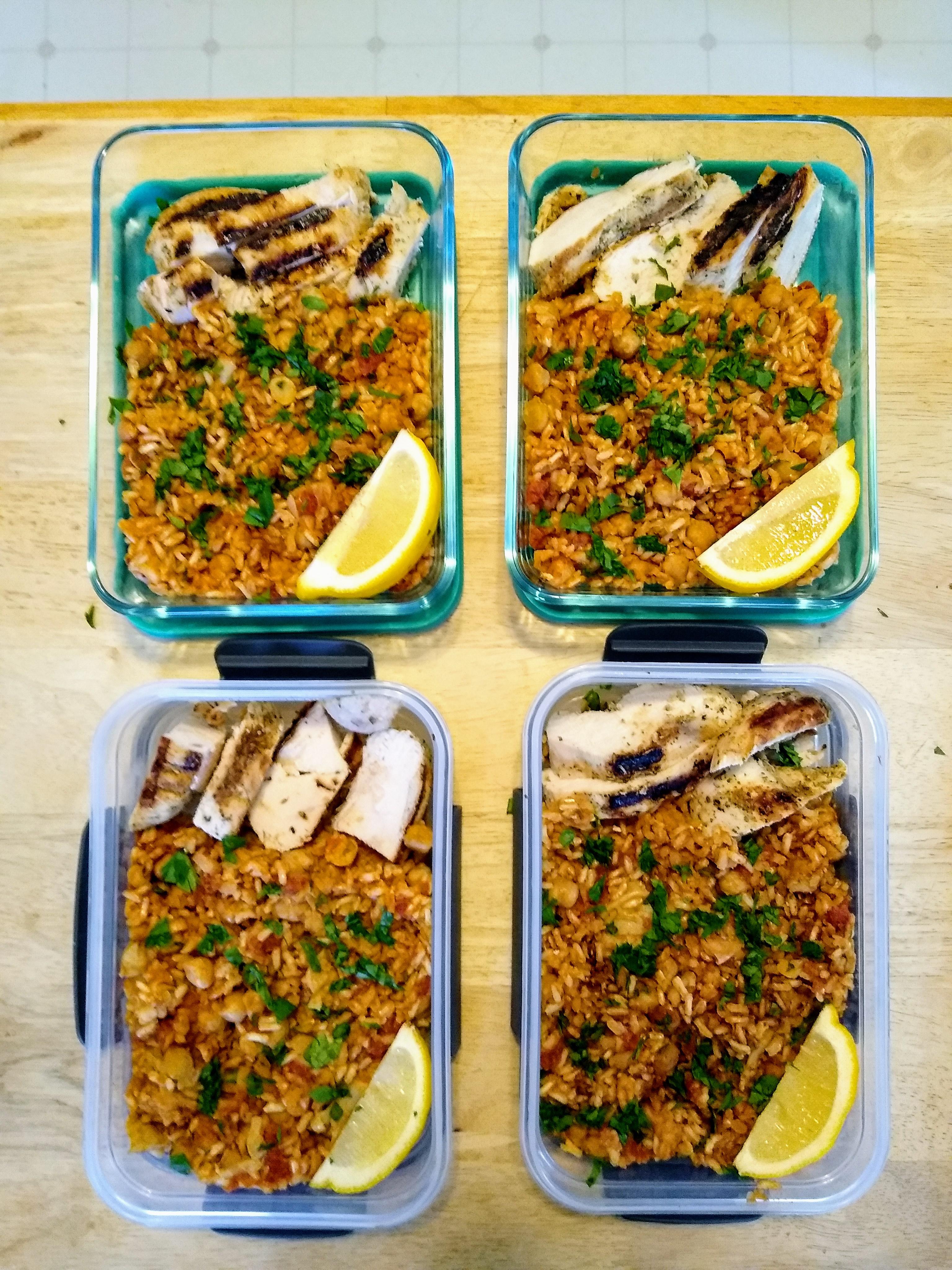 Spanish chickpeas and rice with simple grilled chicken. Each one works
