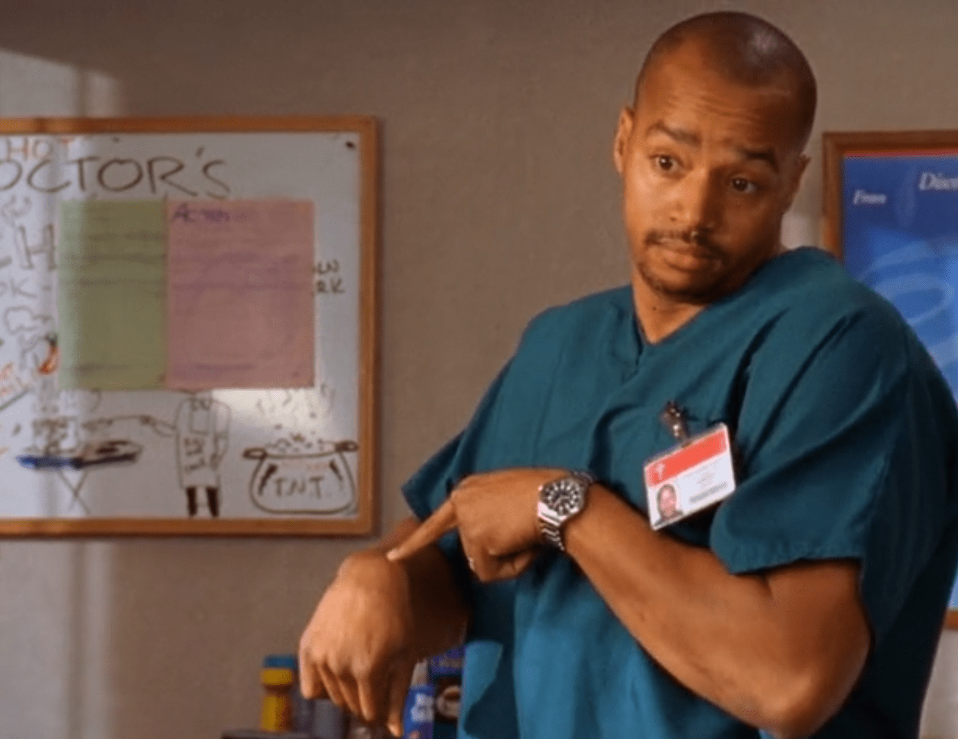 I only just noticed that Turk points to his watchless wrist during his