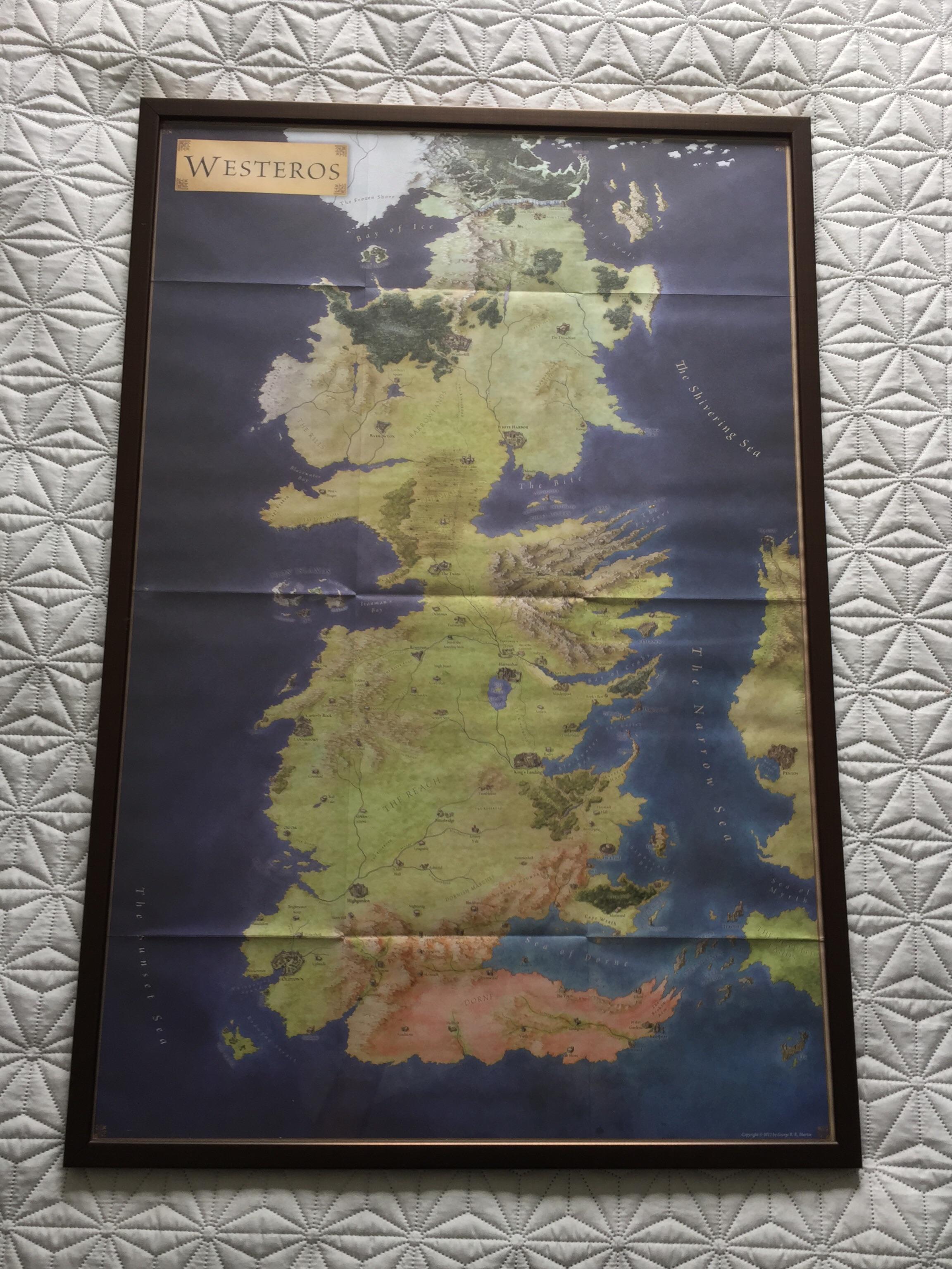 My newly framed map of Westeros from the Lands of Ice and Fire r
