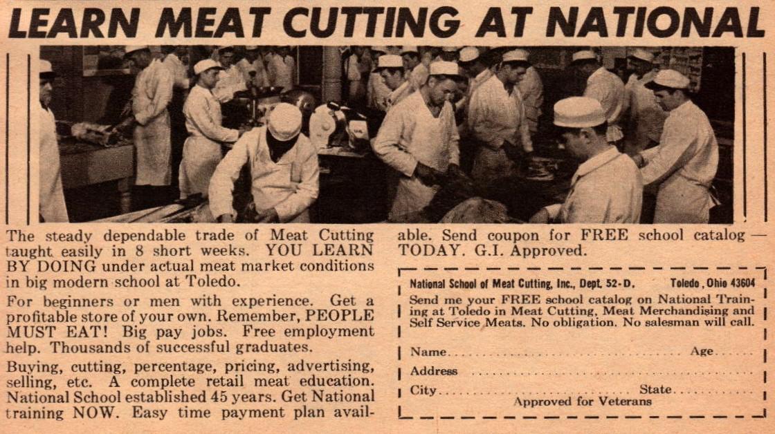 an ad for the National Meat Cutting School toledo
