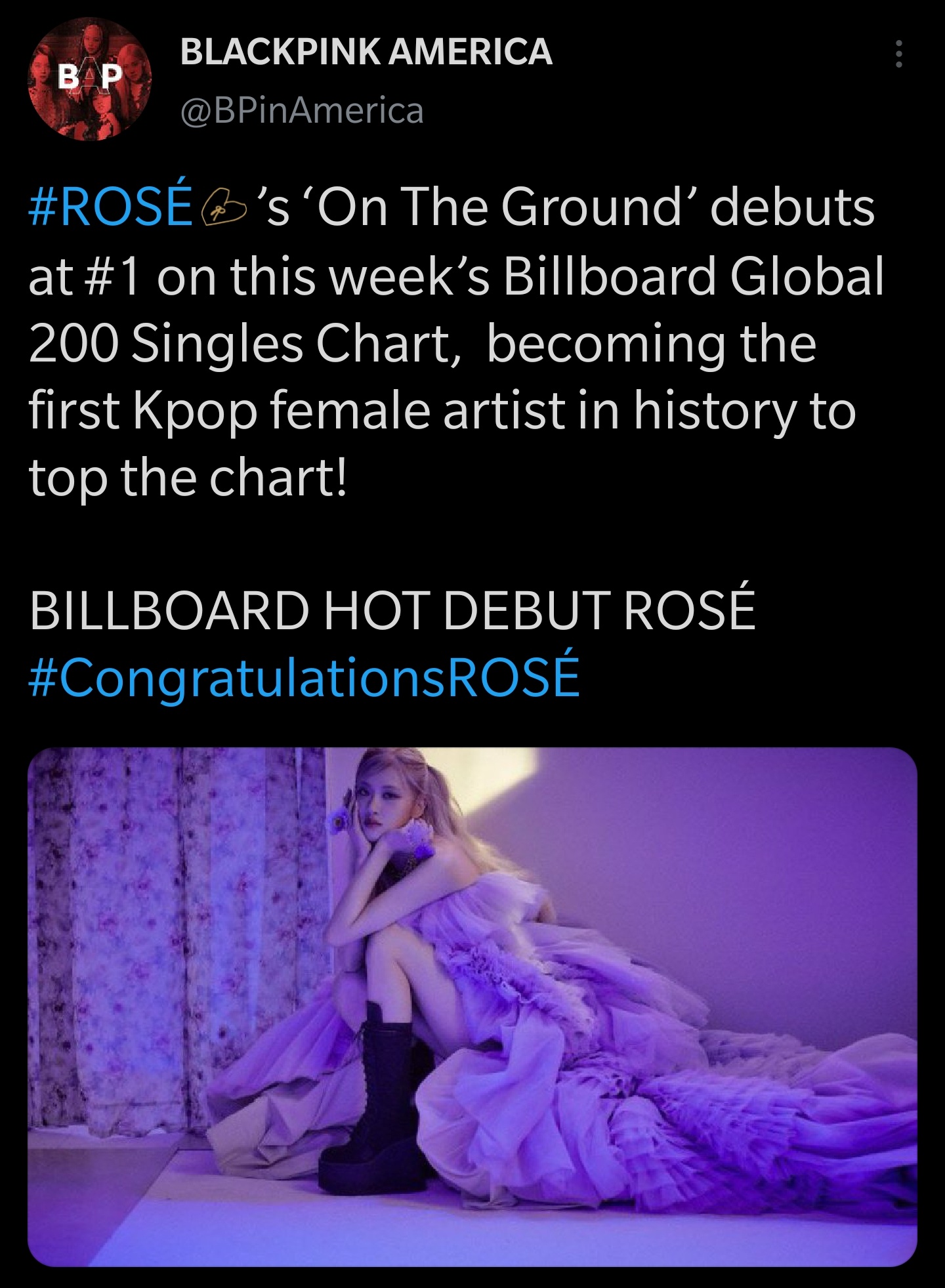 210323 ROSÉ’s ‘On The Ground’ debuts at 1 on Billboard Global 200