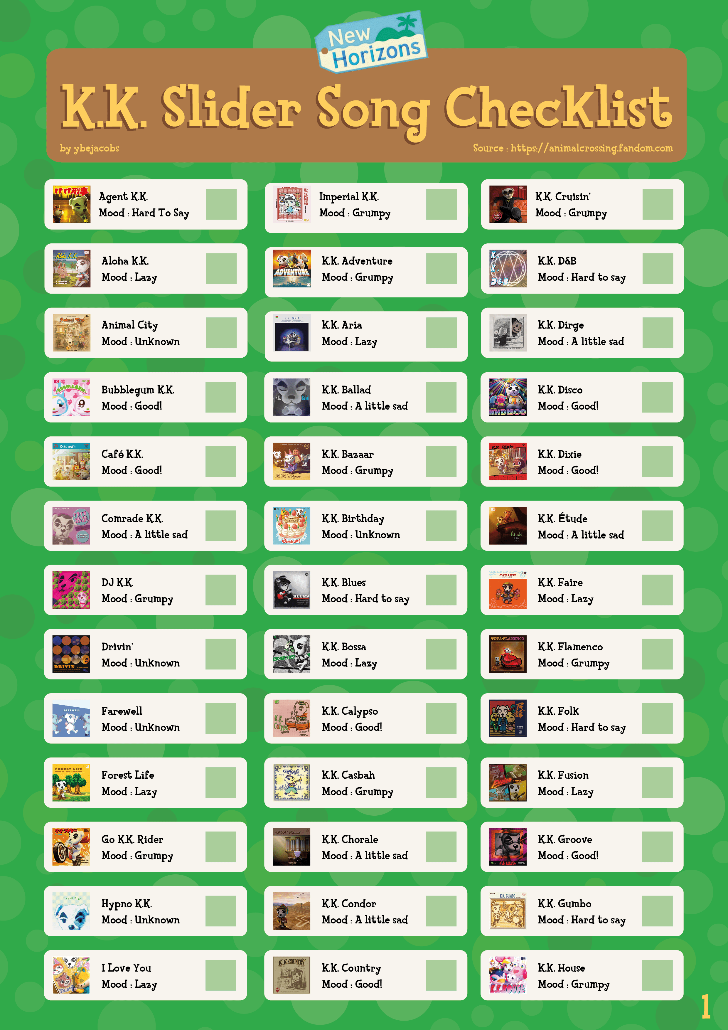 So I made this checklist for keeping up with my K.K. Slider songs