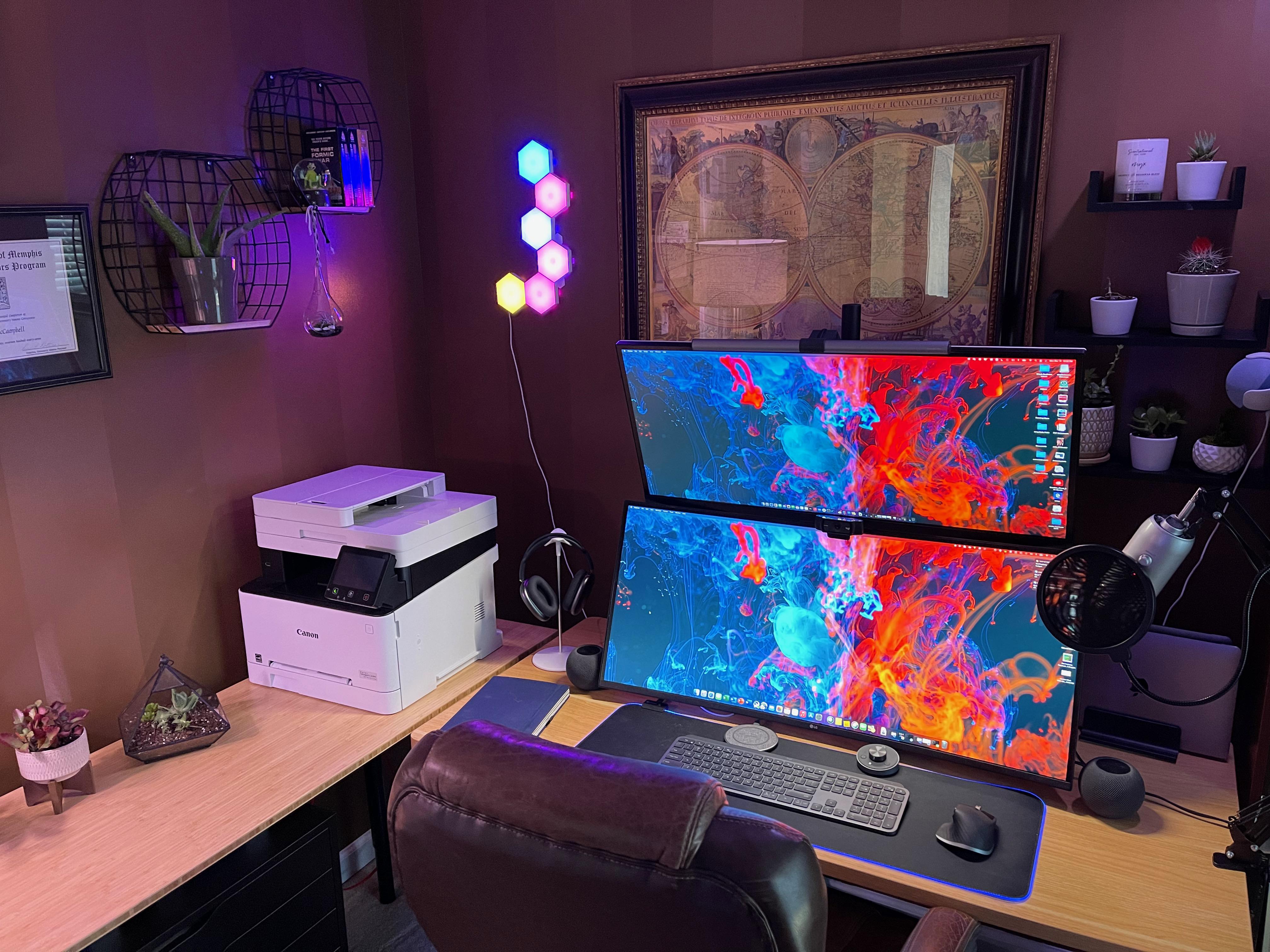 WFH setup v2 New stand up desk, side desk, multi MBP stand, and BenQ