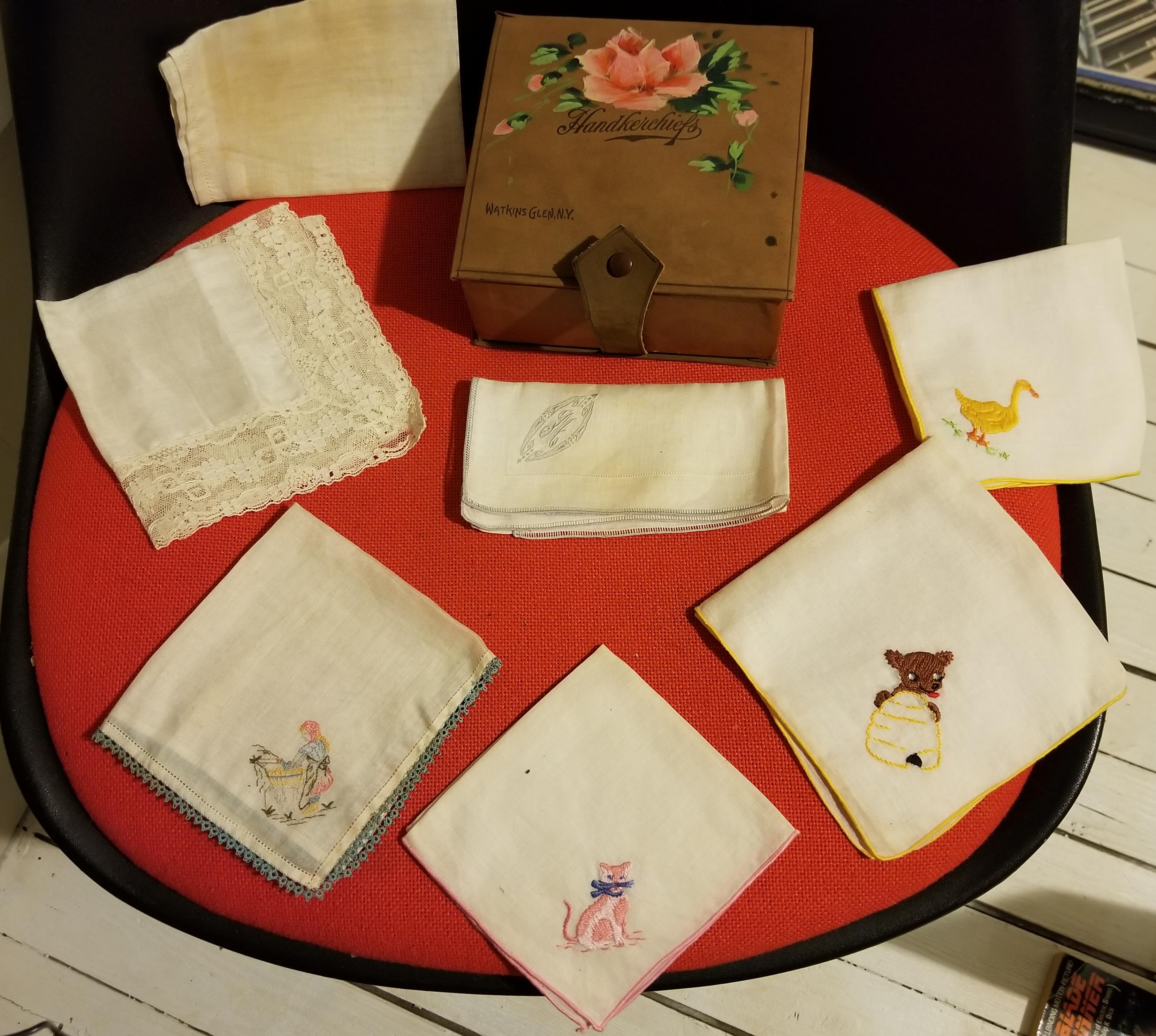Leather wrapped Handkerchief box with old handkerchiefs. r/vintage