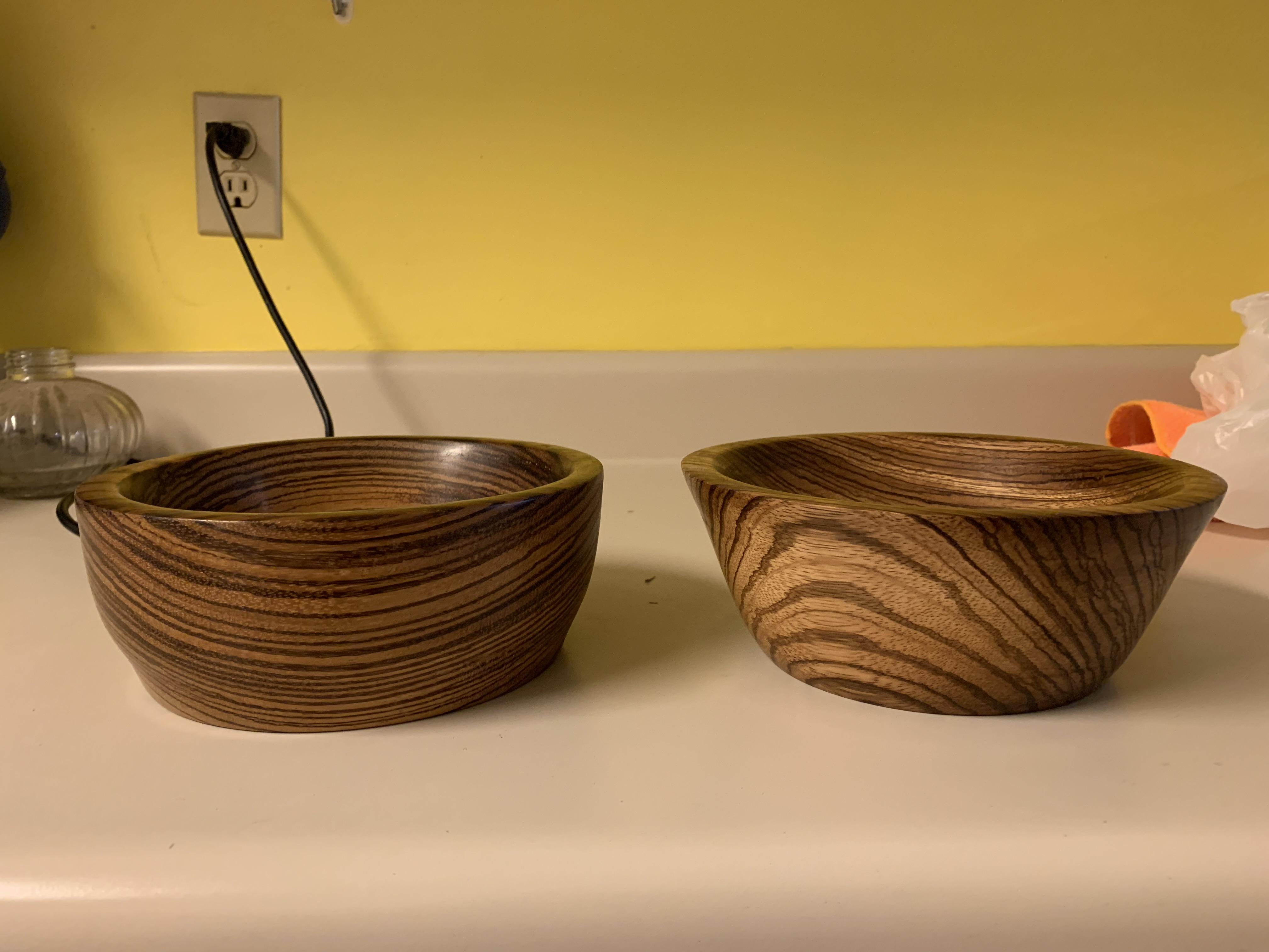 A couple of bowls I turned from zebra wood r/turning