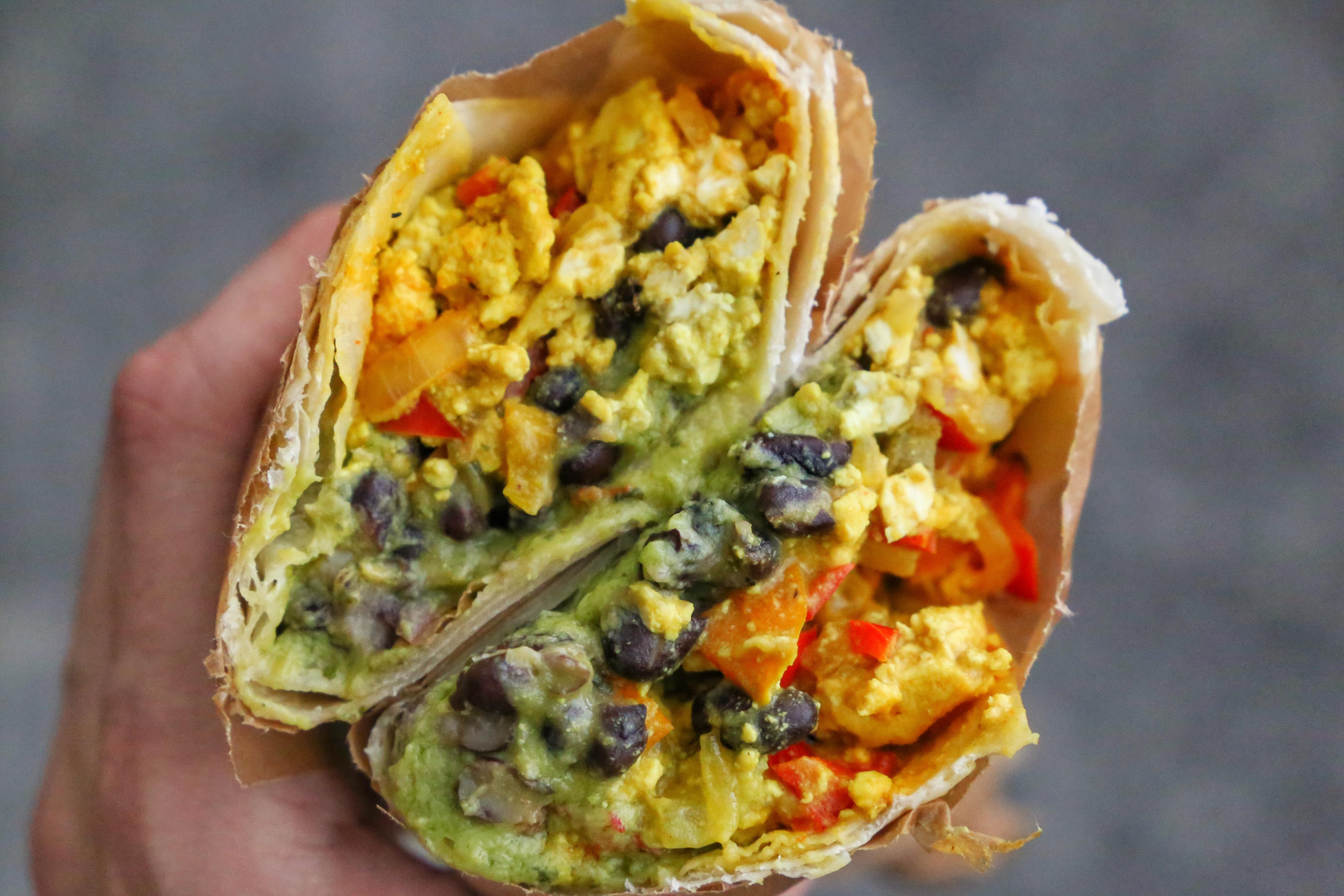 Homemade Breakfast Burrito. Tofu Scramble, Black Beans, Peppers, Onion