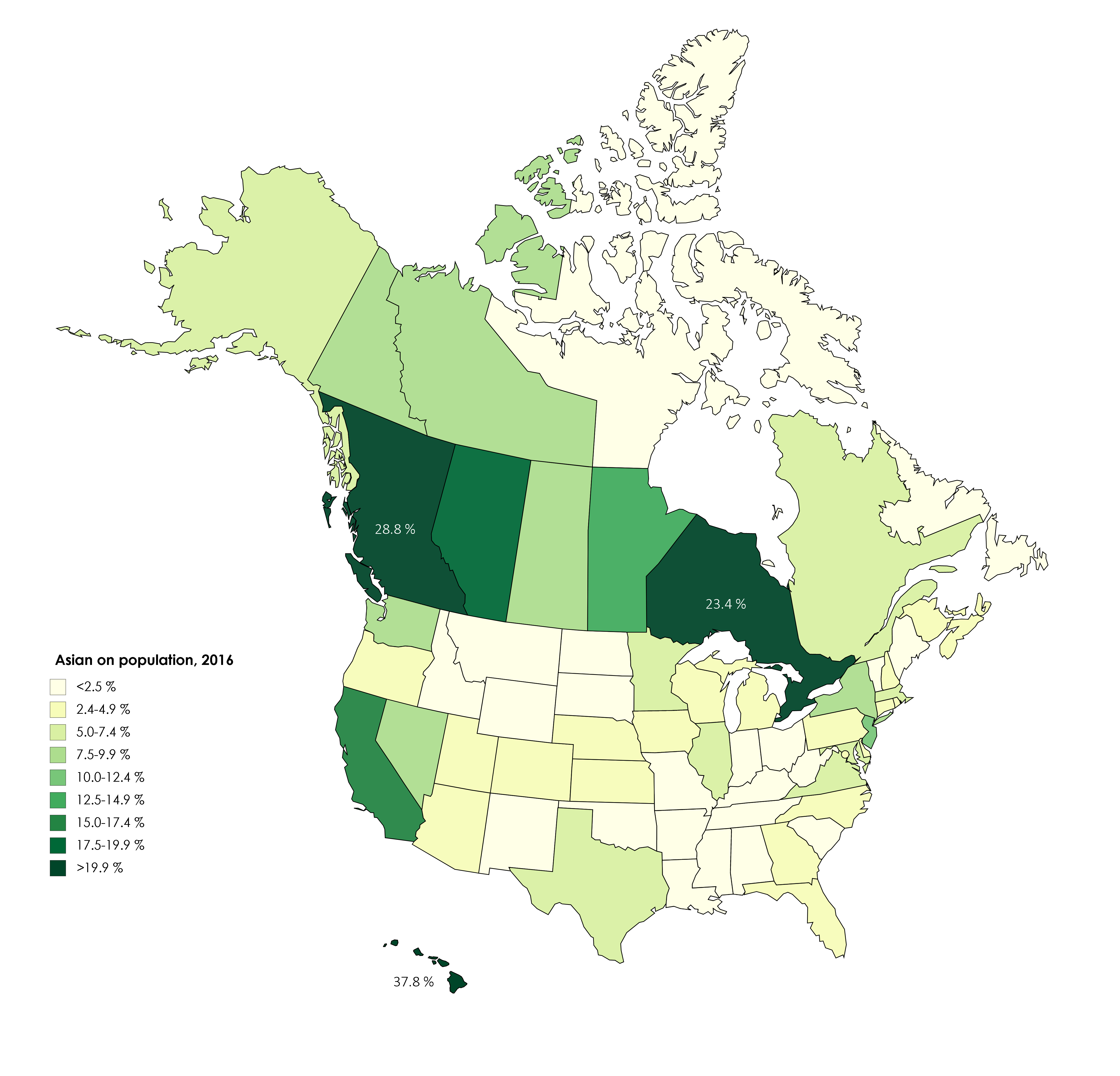 Asian people on population in USA and Canada, 2016 [4700X4515] r/MapPorn