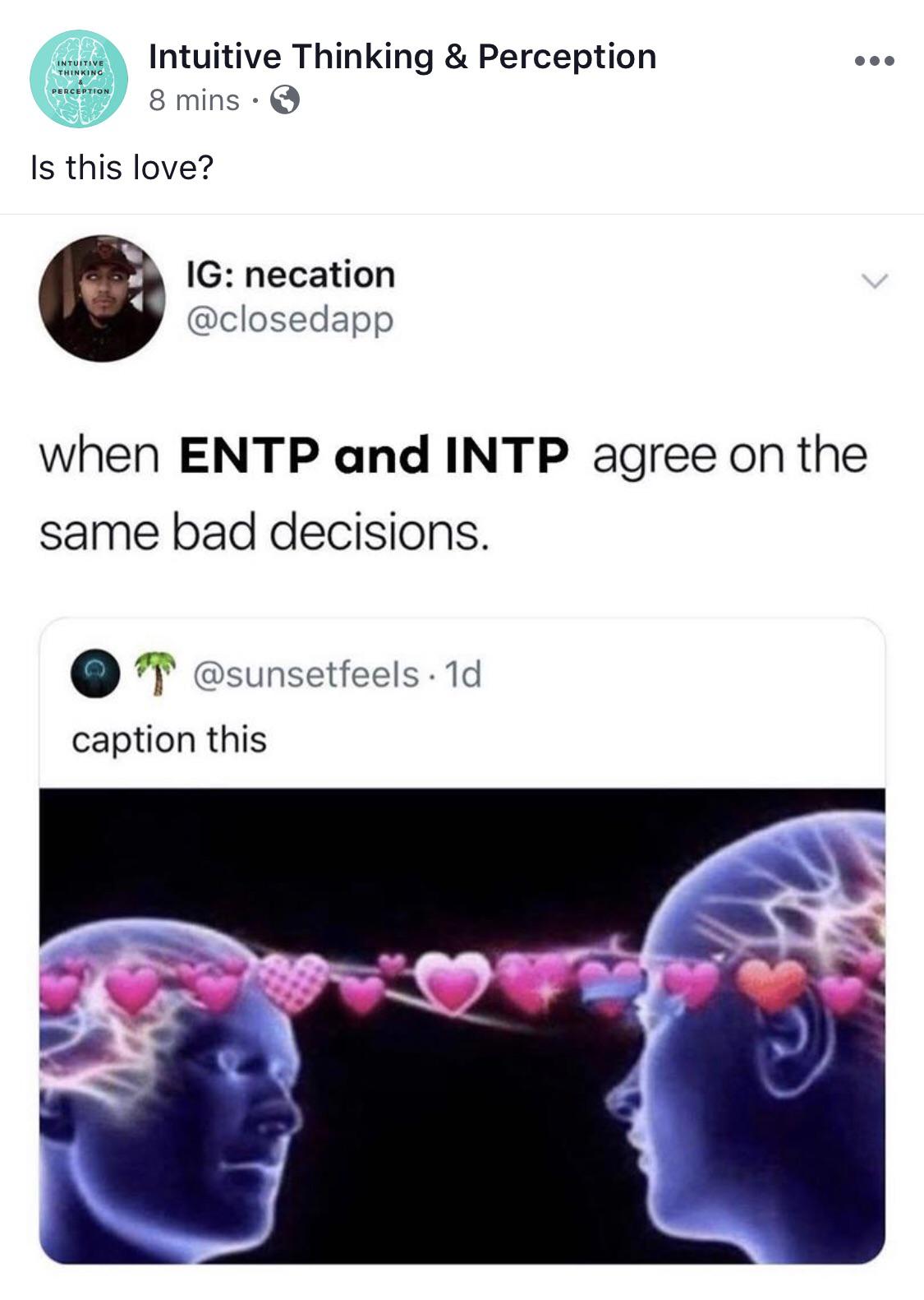 Ever wonder what an ENTP INTP relationship is like? mbtimemes