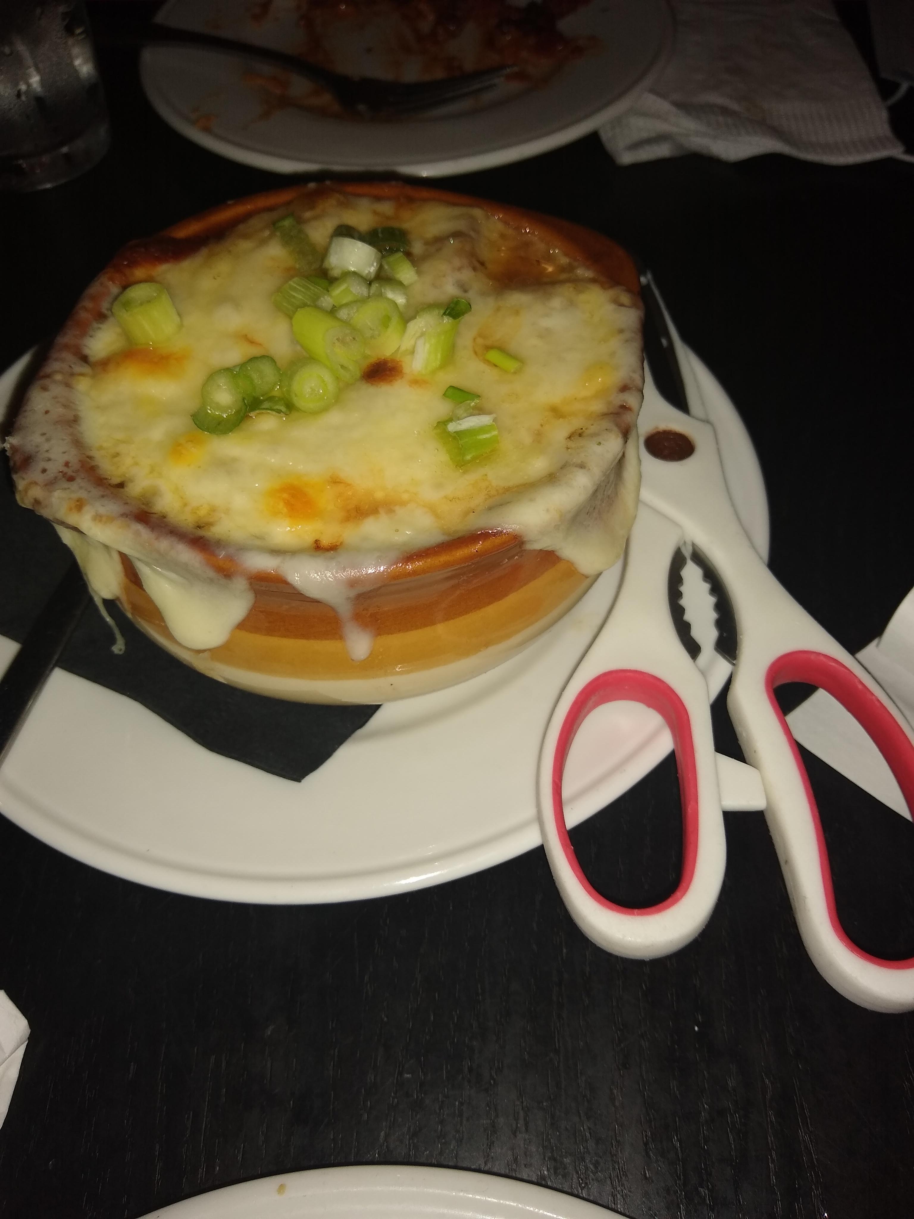 Restaurant served me french onion soup with scissors so you literally