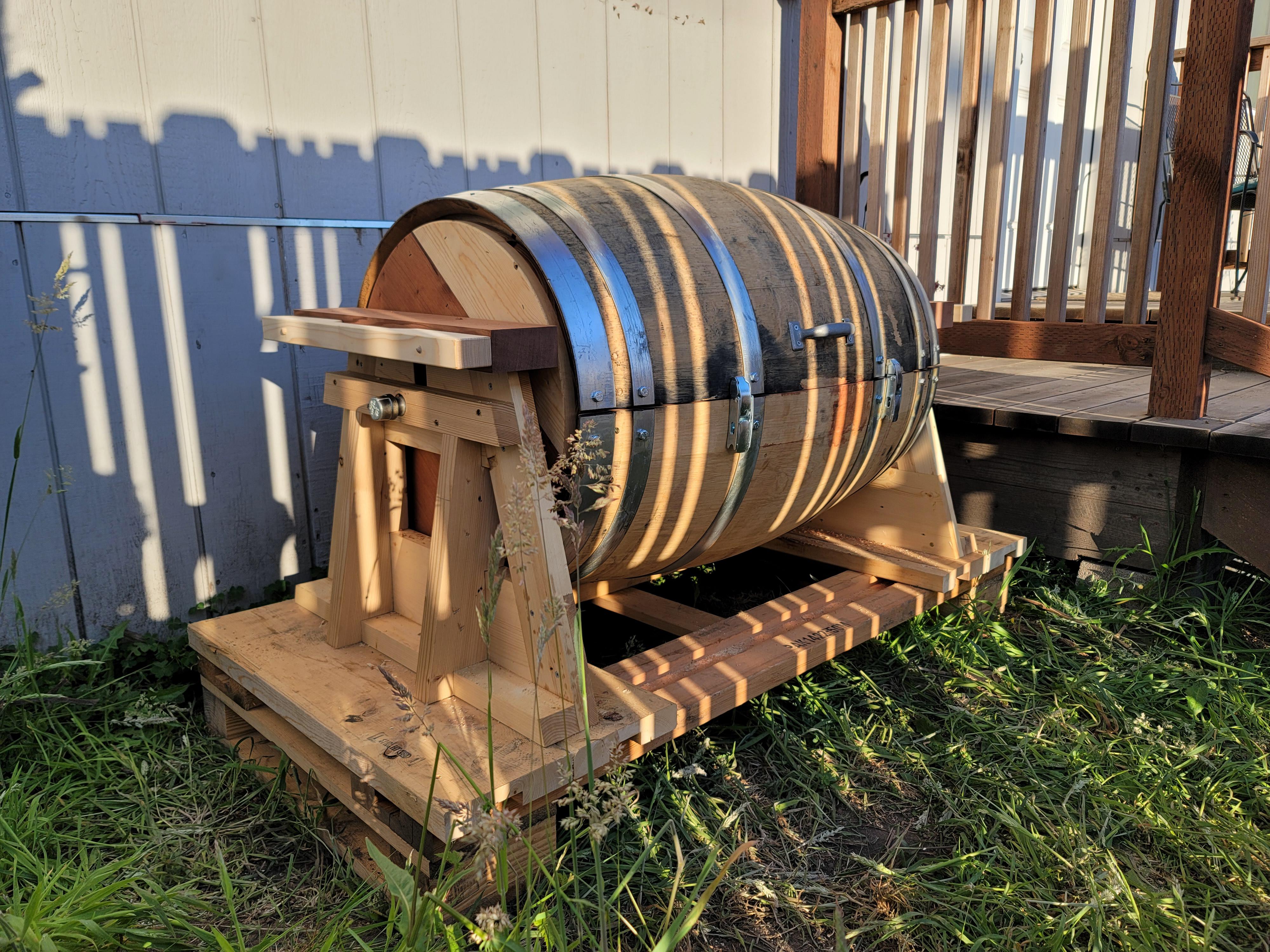 Wine barrel compost bin I built from salvaged wood r/Carpentry