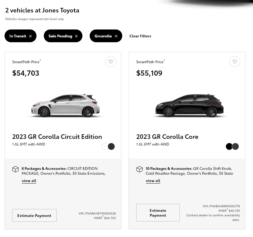 Jones Toyota somehow marked up their 2 Corollas differently so that the