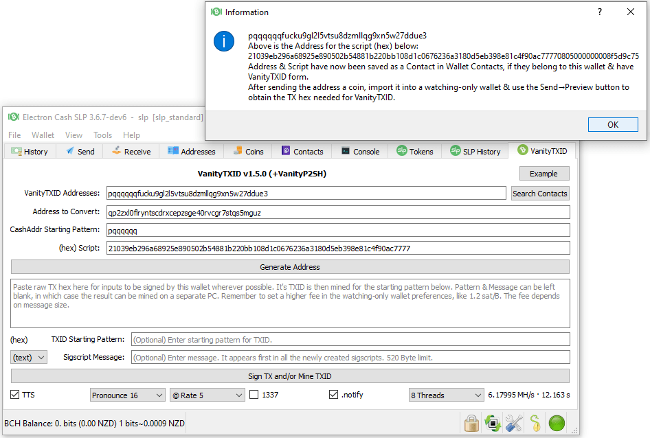 Vanity pCashAddr generator for Electron Cash now part of VanityTXIDv1.5.0. Can vanitize any